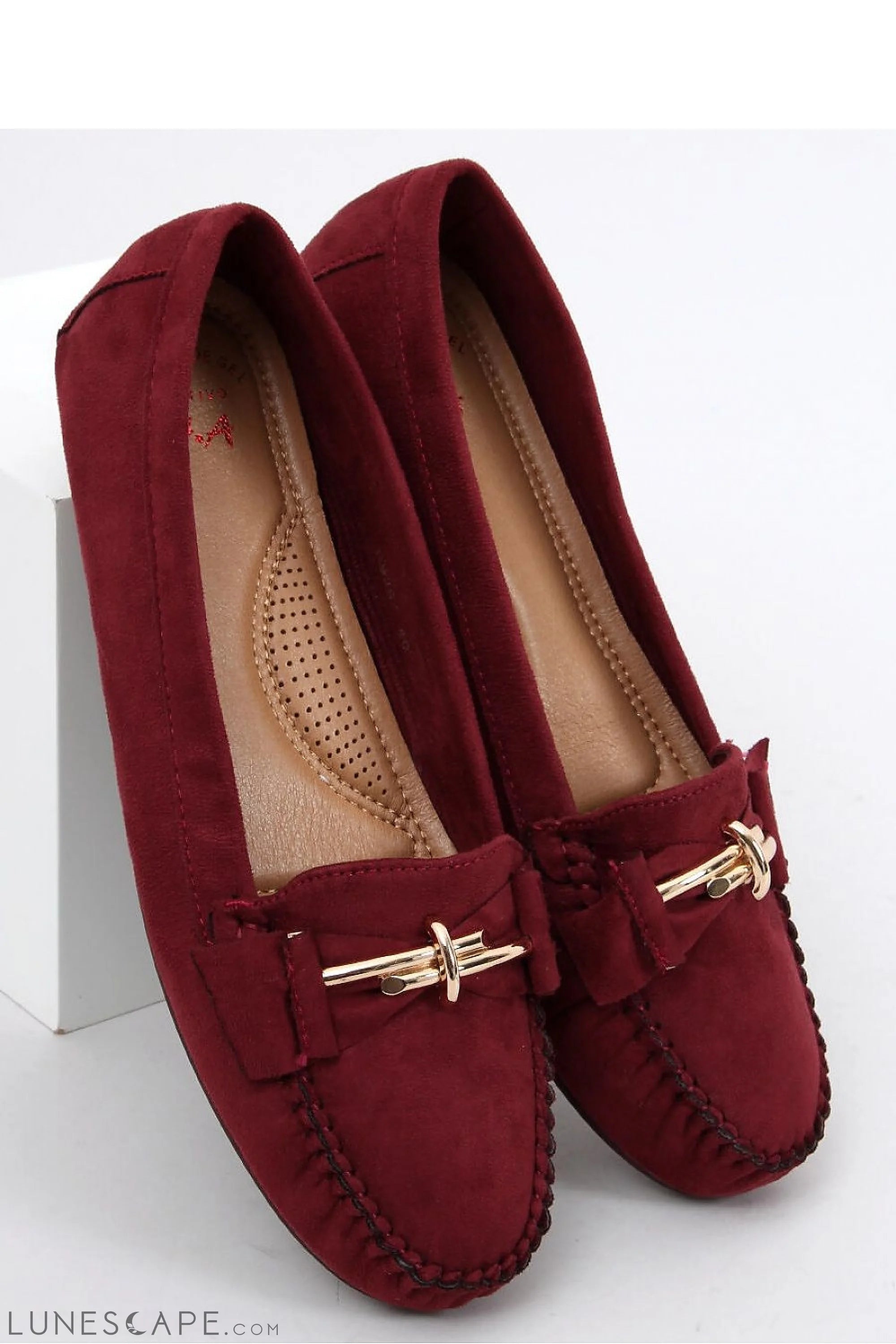 Burgundy Suede Loafers – Women's Almond Toe with Gold Bar and Whipstitch Detail LUNESCAPE