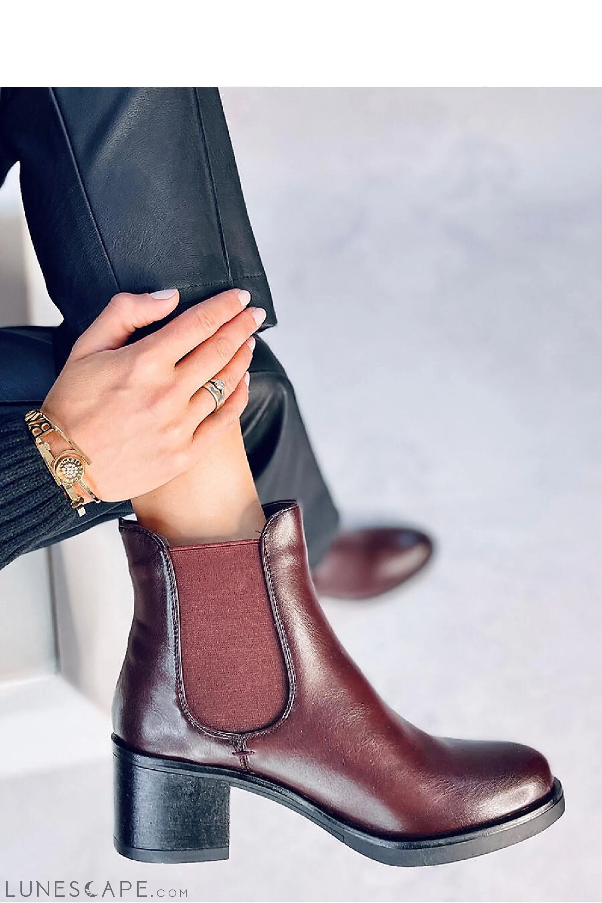 Burnt Brown Leather Chelsea Boots with Chunky Block Heel LUNESCAPE