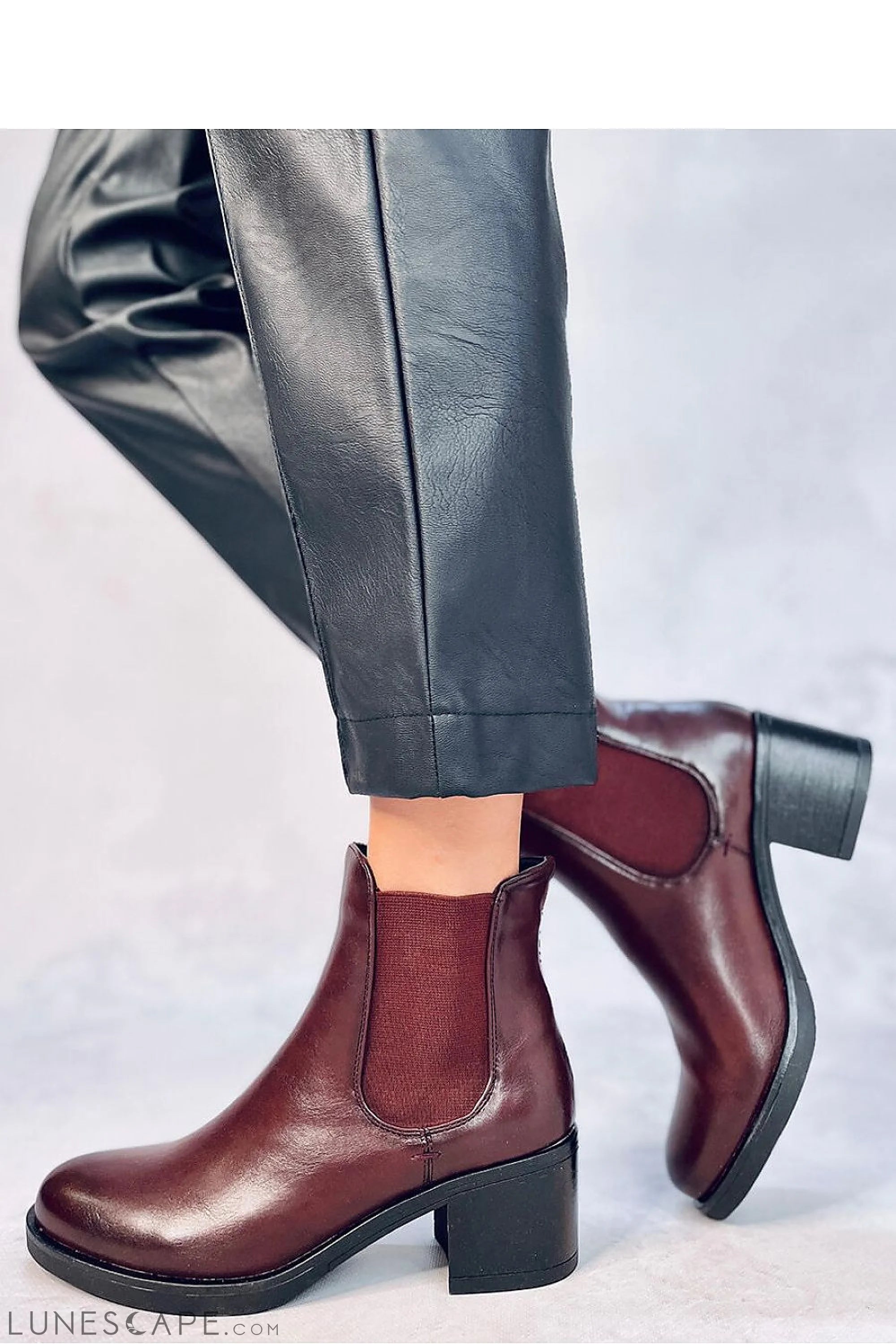 Burnt Brown Leather Chelsea Boots with Chunky Block Heel LUNESCAPE
