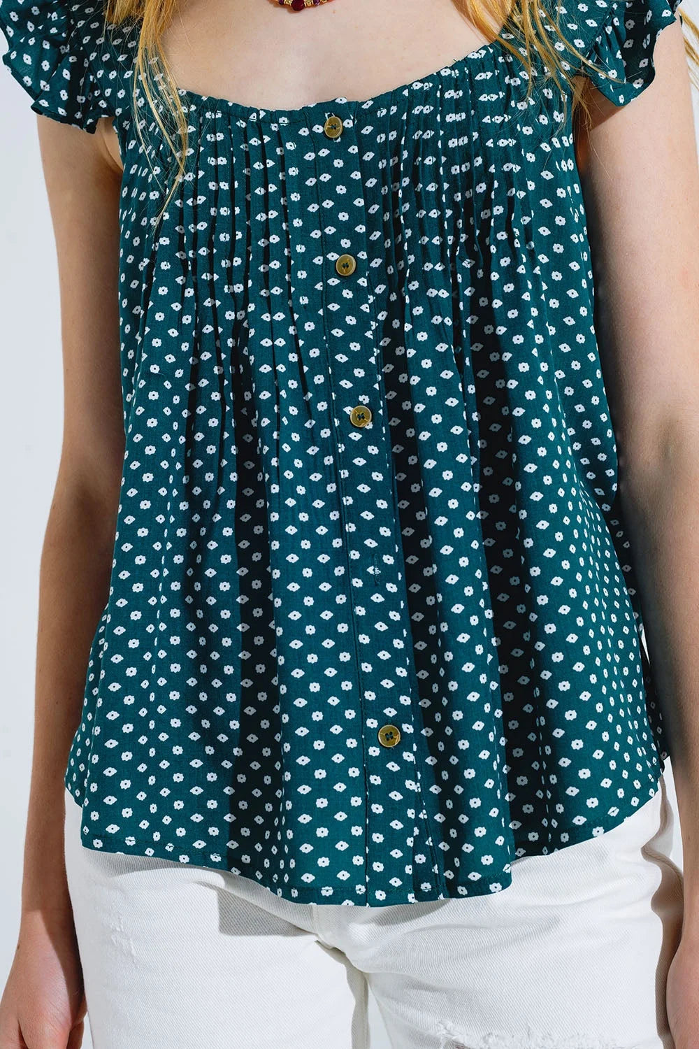 Button Up Blouse With Frilly Short Sleeves and Flower Print in Green LUNESCAPE