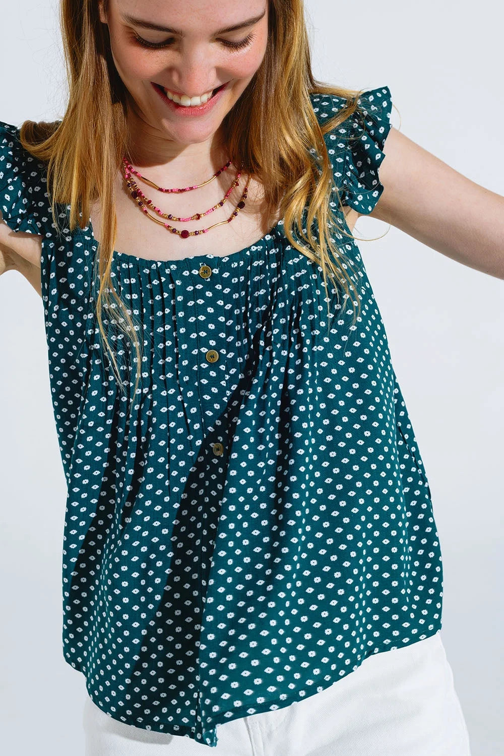 Button Up Blouse With Frilly Short Sleeves and Flower Print in Green LUNESCAPE