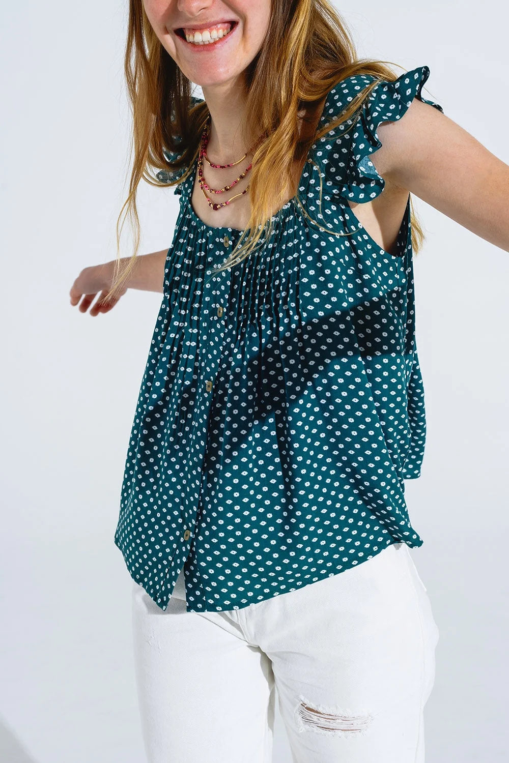 Button Up Blouse With Frilly Short Sleeves and Flower Print in Green LUNESCAPE