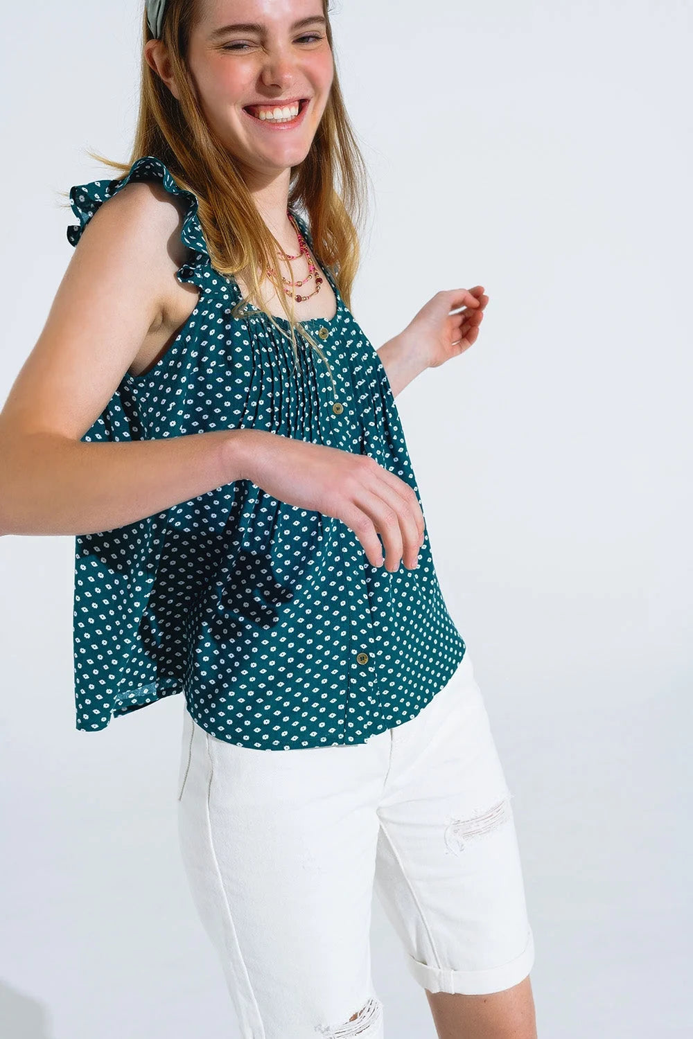 Button Up Blouse With Frilly Short Sleeves and Flower Print in Green LUNESCAPE