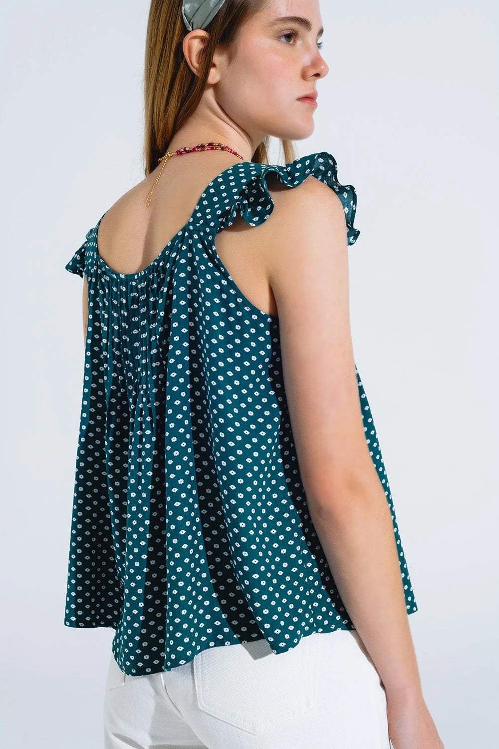 Button Up Blouse With Frilly Short Sleeves and Flower Print in Green LUNESCAPE