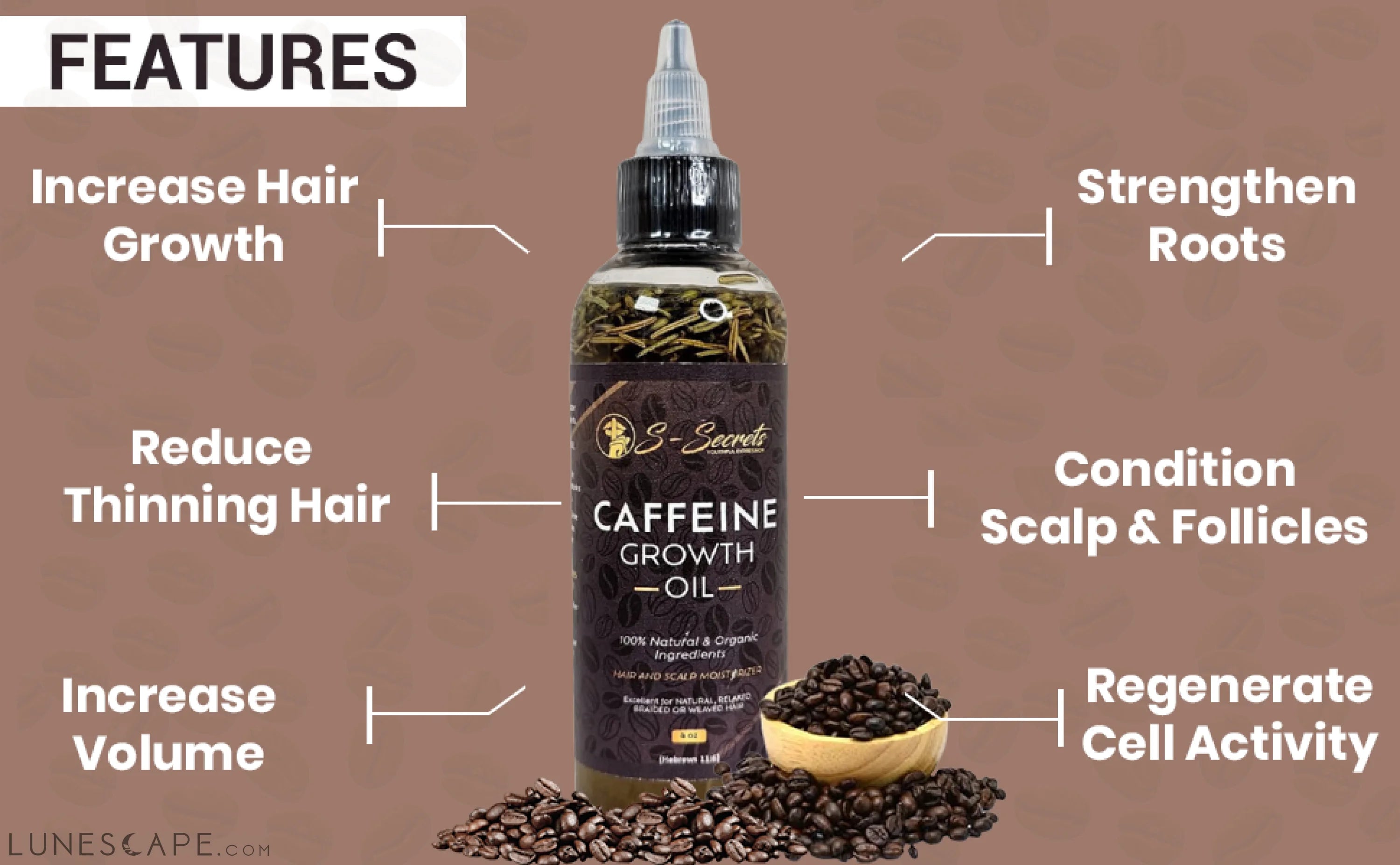 Caffeine Hair Growth Oil 4oz, Herbs, Biotin, Essential oils For All LUNESCAPE