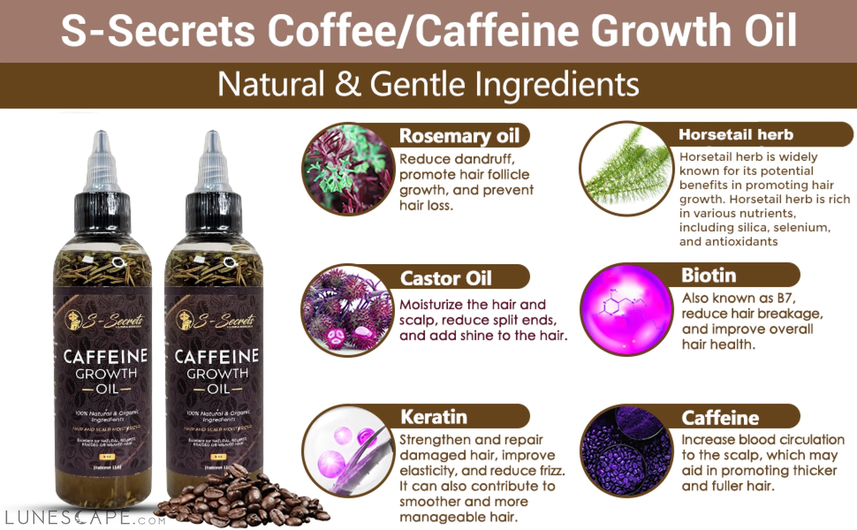 Caffeine Hair Growth Oil 4oz, Herbs, Biotin, Essential oils For All LUNESCAPE