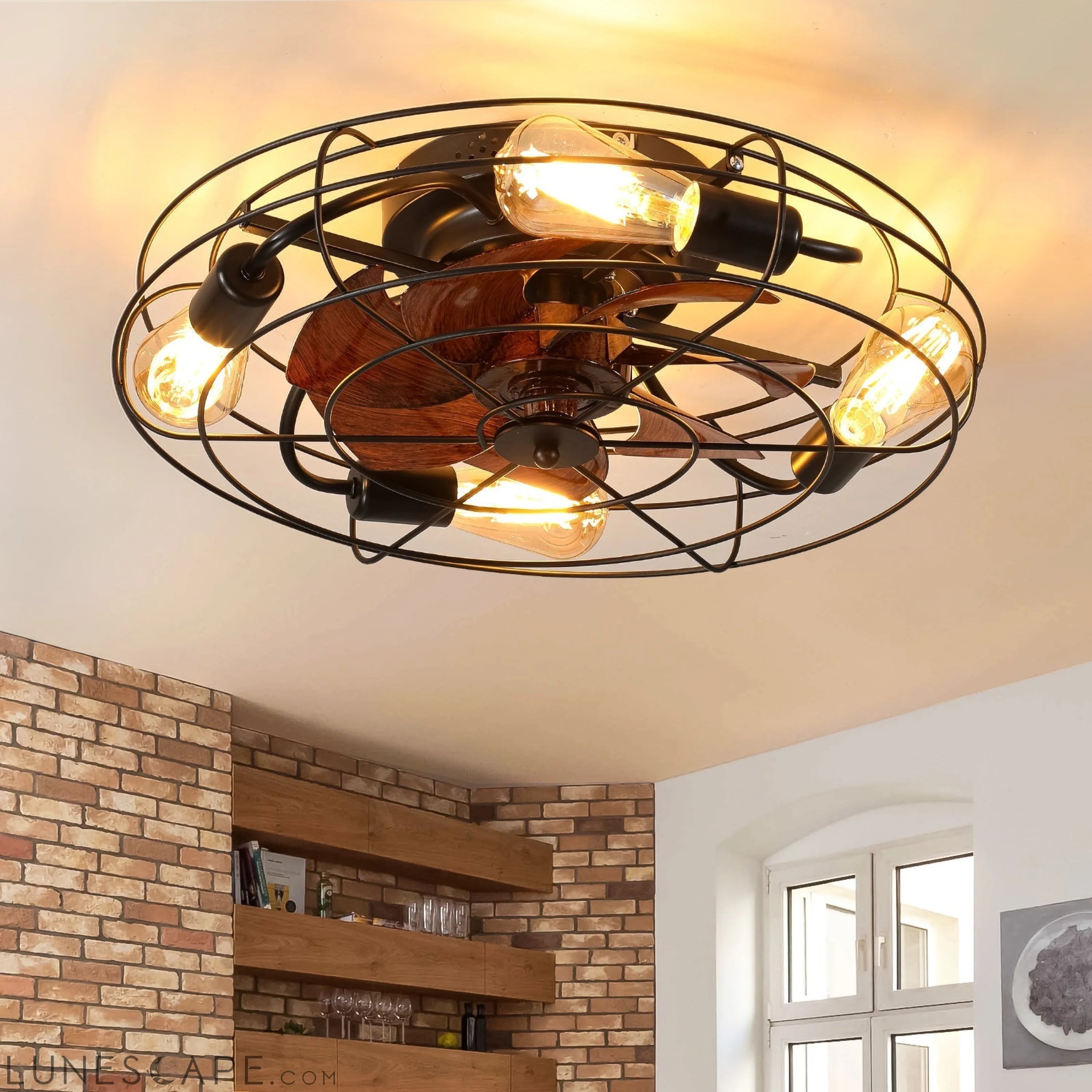 Caged Ceiling Fan With Light, 20'' farmhouse Low Profile Ceiling fan LUNESCAPE