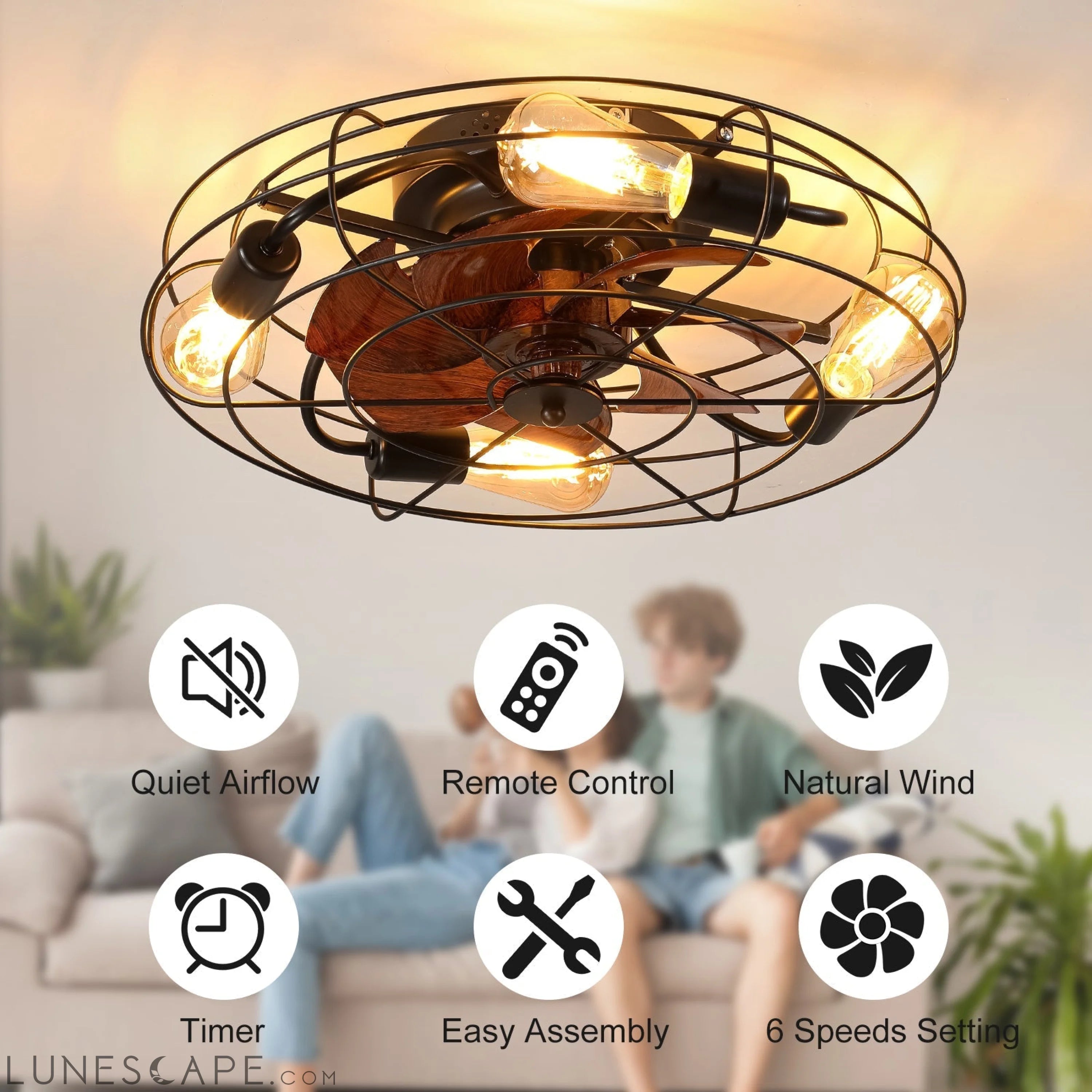 Caged Ceiling Fan With Light, 20'' farmhouse Low Profile Ceiling fan LUNESCAPE