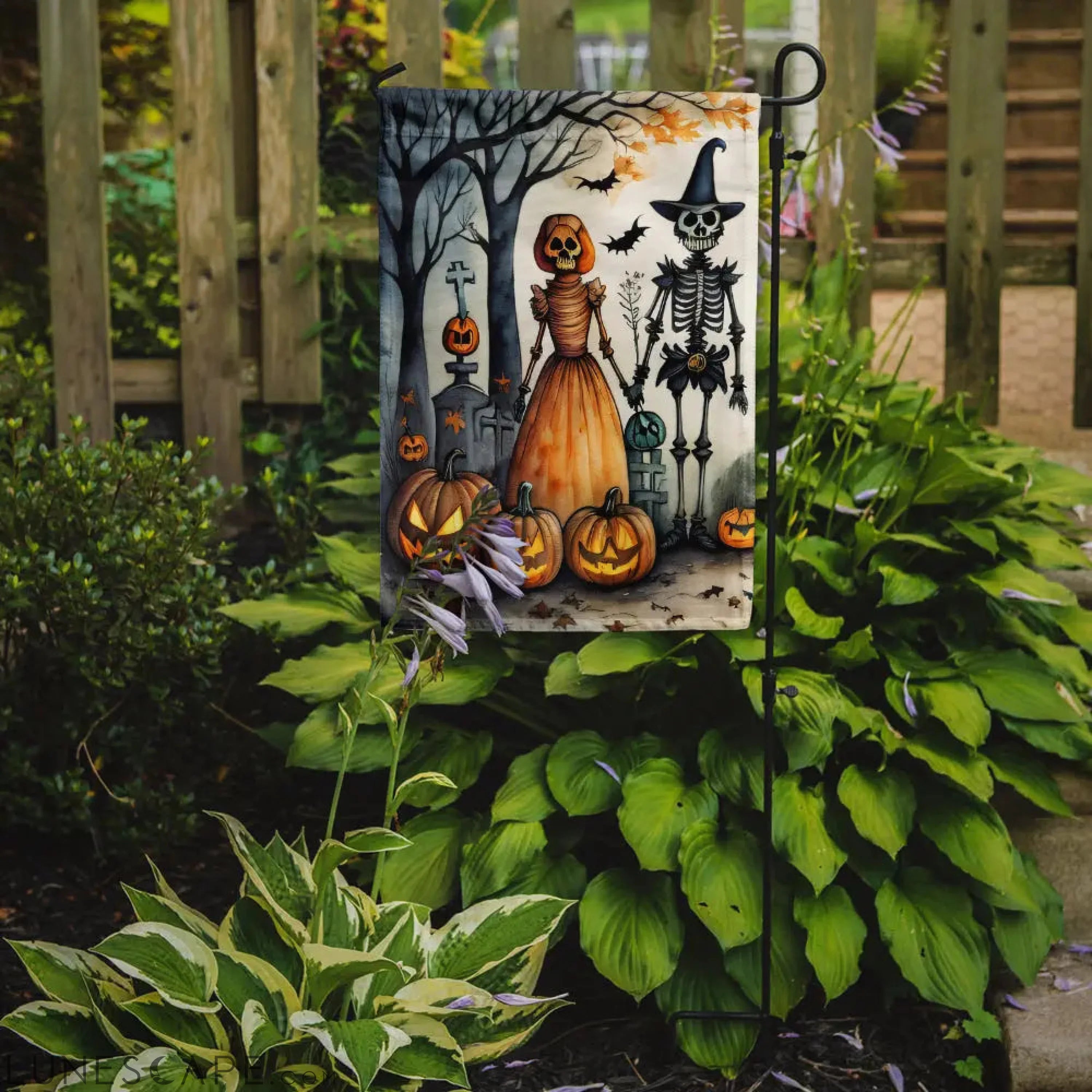 Calacas Skeletons Spooky Halloween Garden Flag LUNESCAPE