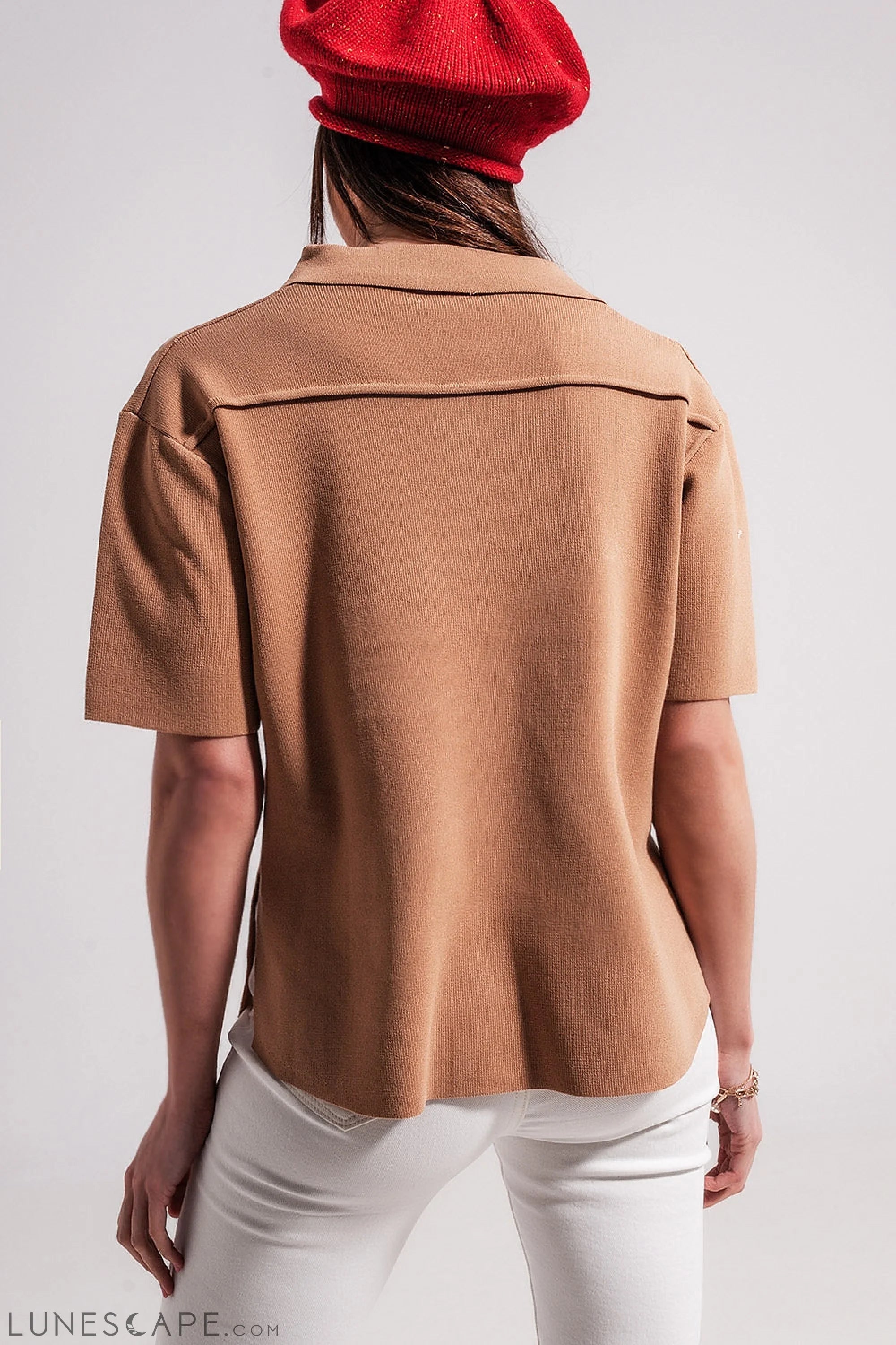 Camel Knit Short Sleeve Button Front Jumper LUNESCAPE