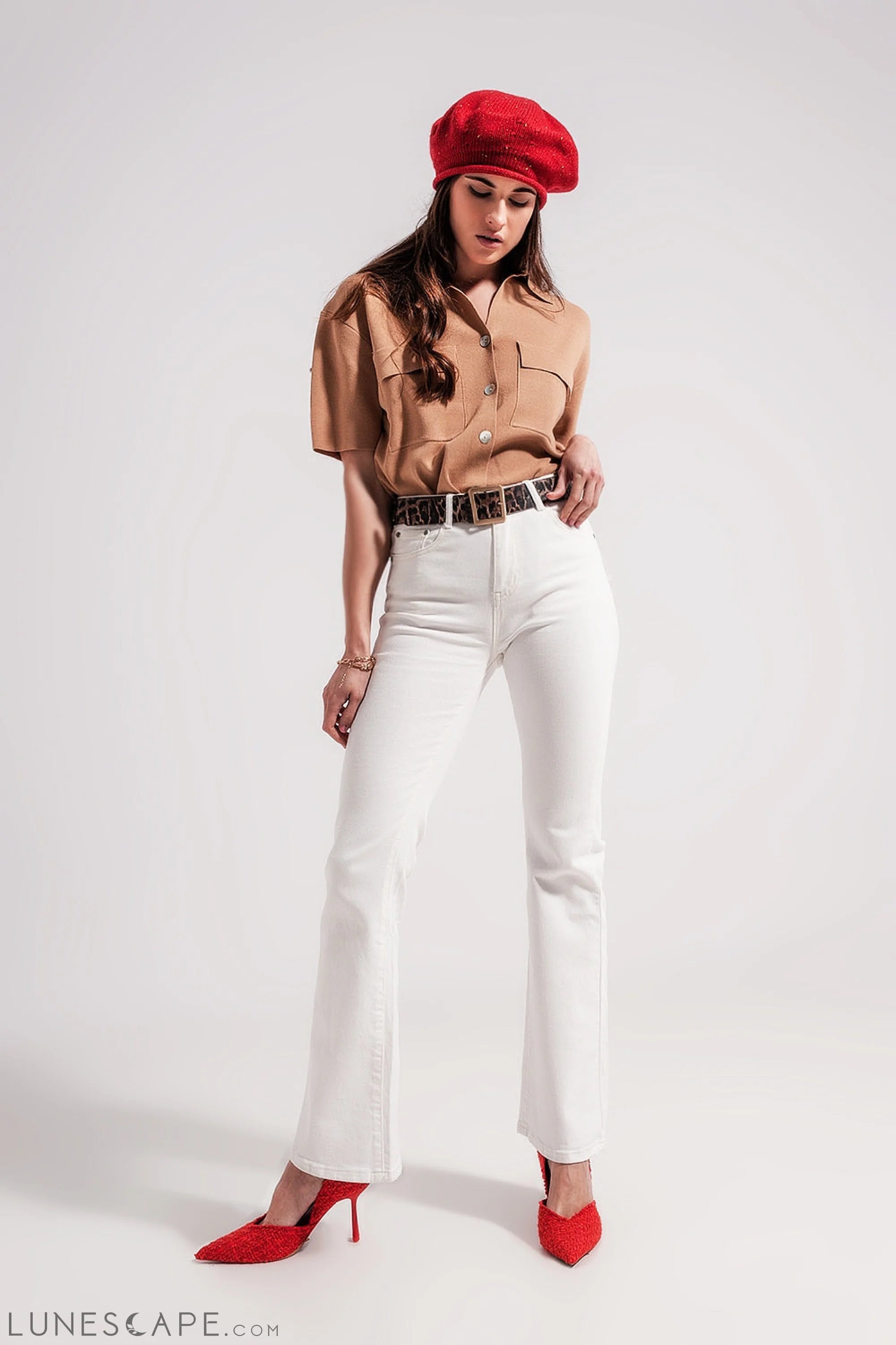Camel Knit Short Sleeve Button Front Jumper LUNESCAPE