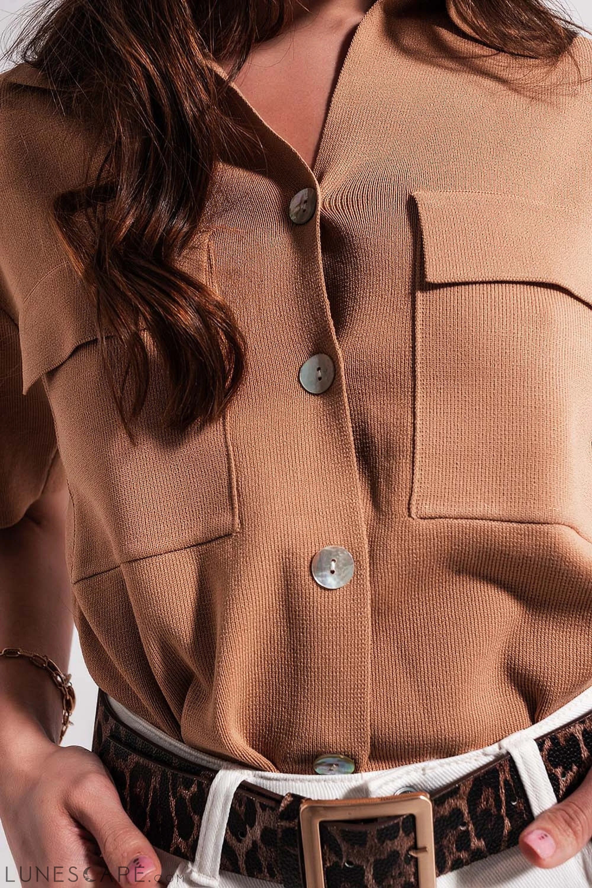 Camel Knit Short Sleeve Button Front Jumper LUNESCAPE