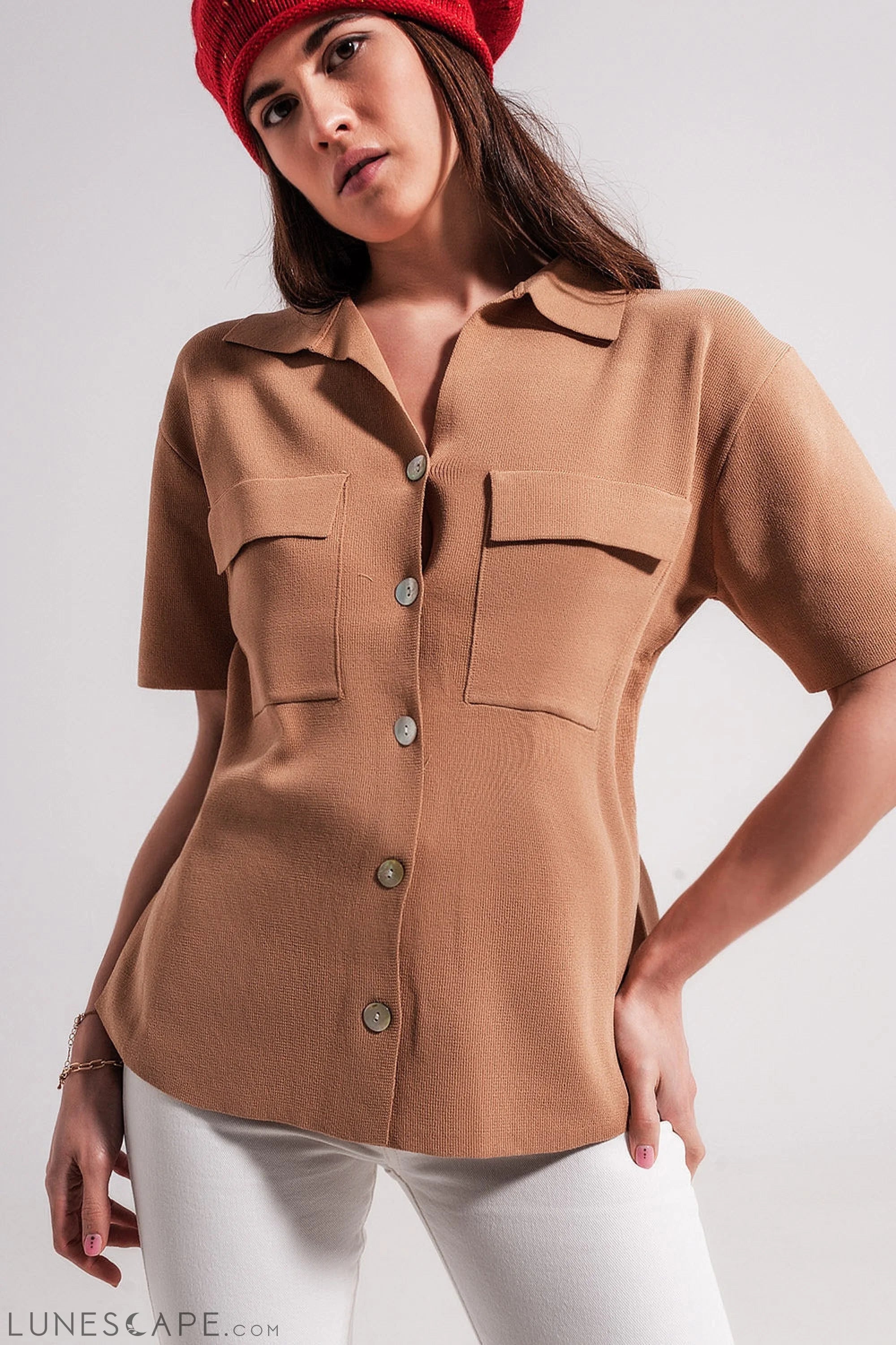 Camel Knit Short Sleeve Button Front Jumper LUNESCAPE