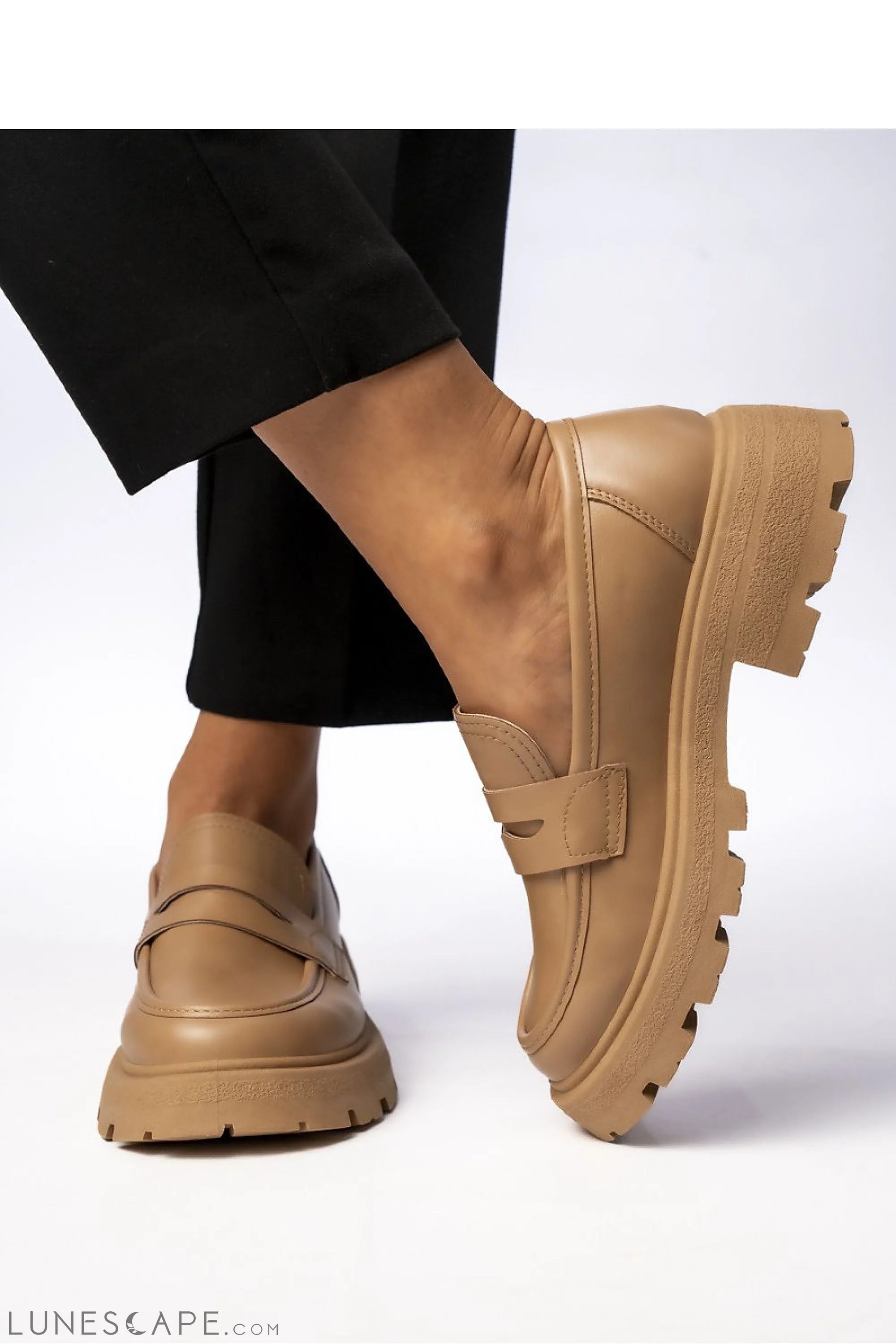 Camel Vegan Leather Women’s Loafers with Chunky Sole and Penny Strap LUNESCAPE