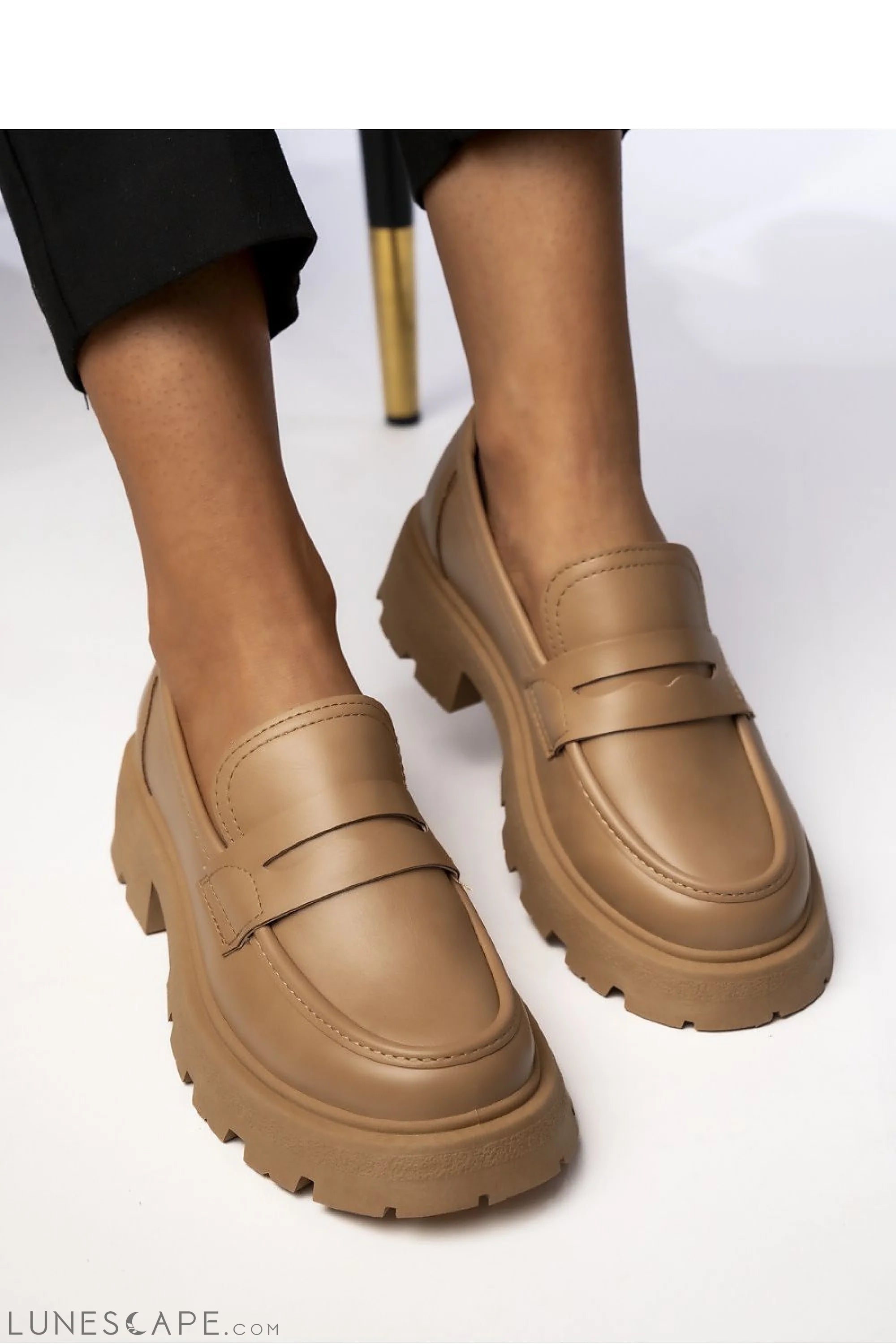 Camel Vegan Leather Women’s Loafers with Chunky Sole and Penny Strap LUNESCAPE