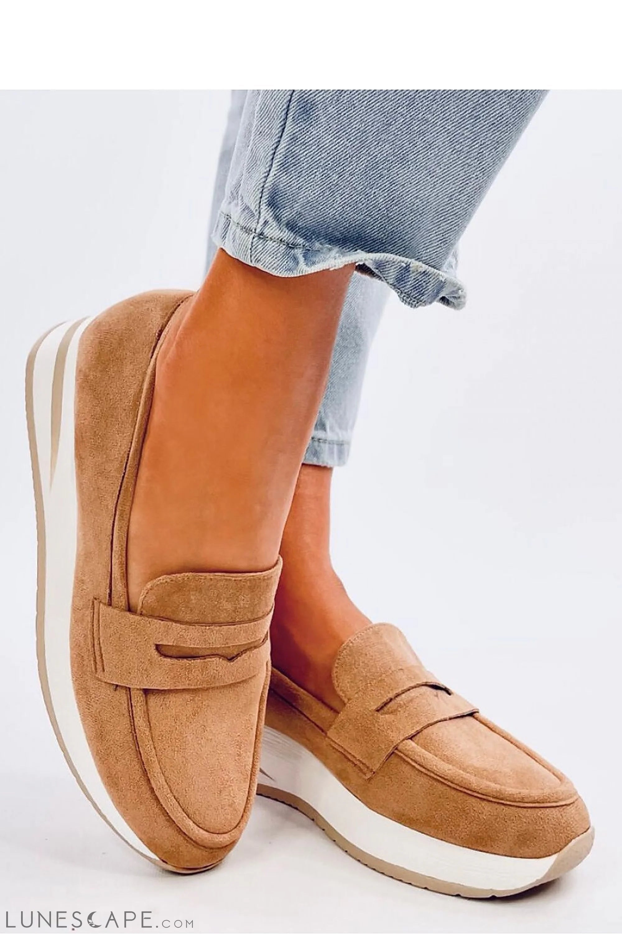 Camel Vegan Suede Platform Loafers – Women's Round Toe with White Contrast Sole LUNESCAPE