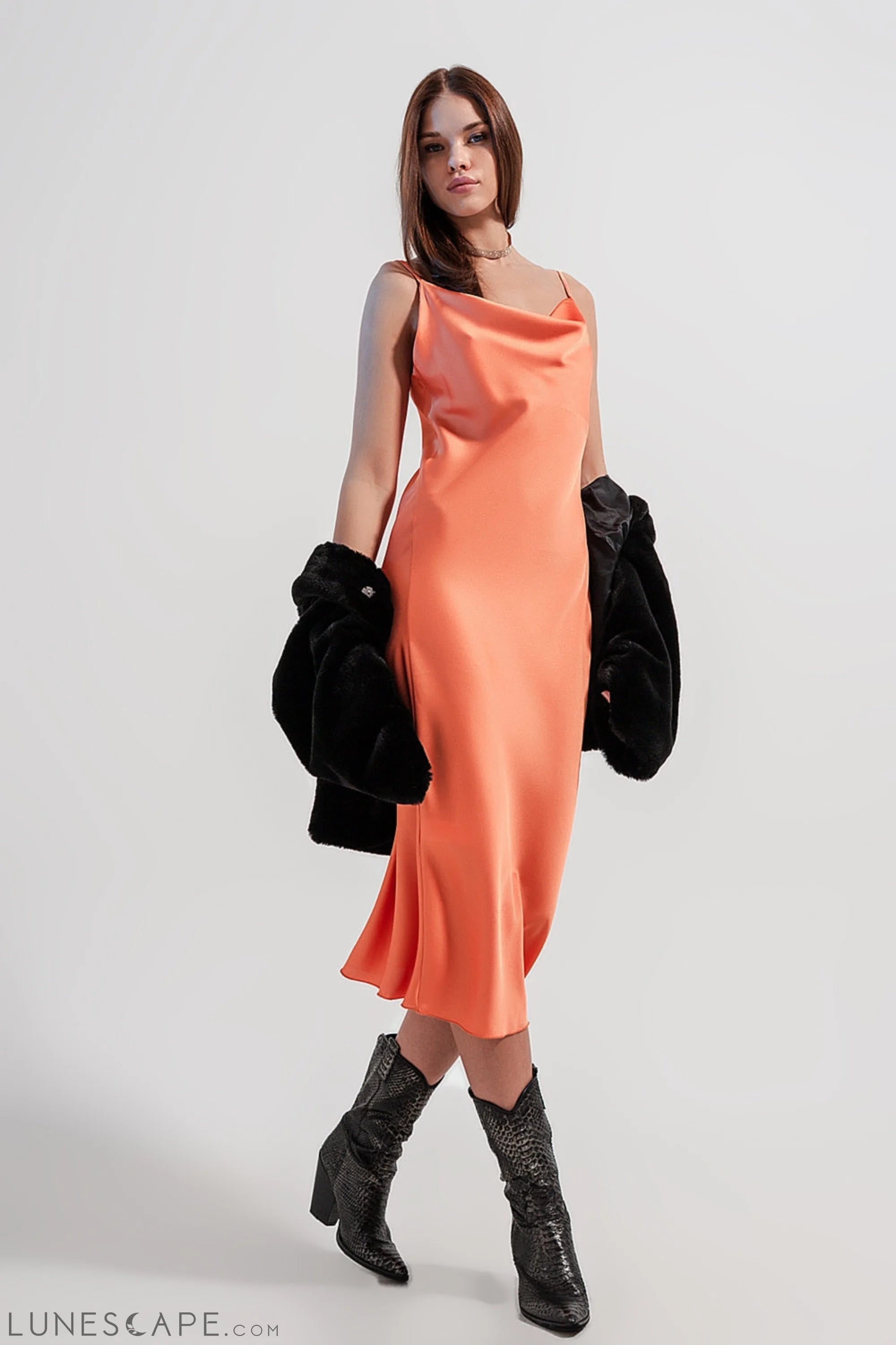 Cami Midi Slip Dress in High Shine Satin in Orange LUNESCAPE