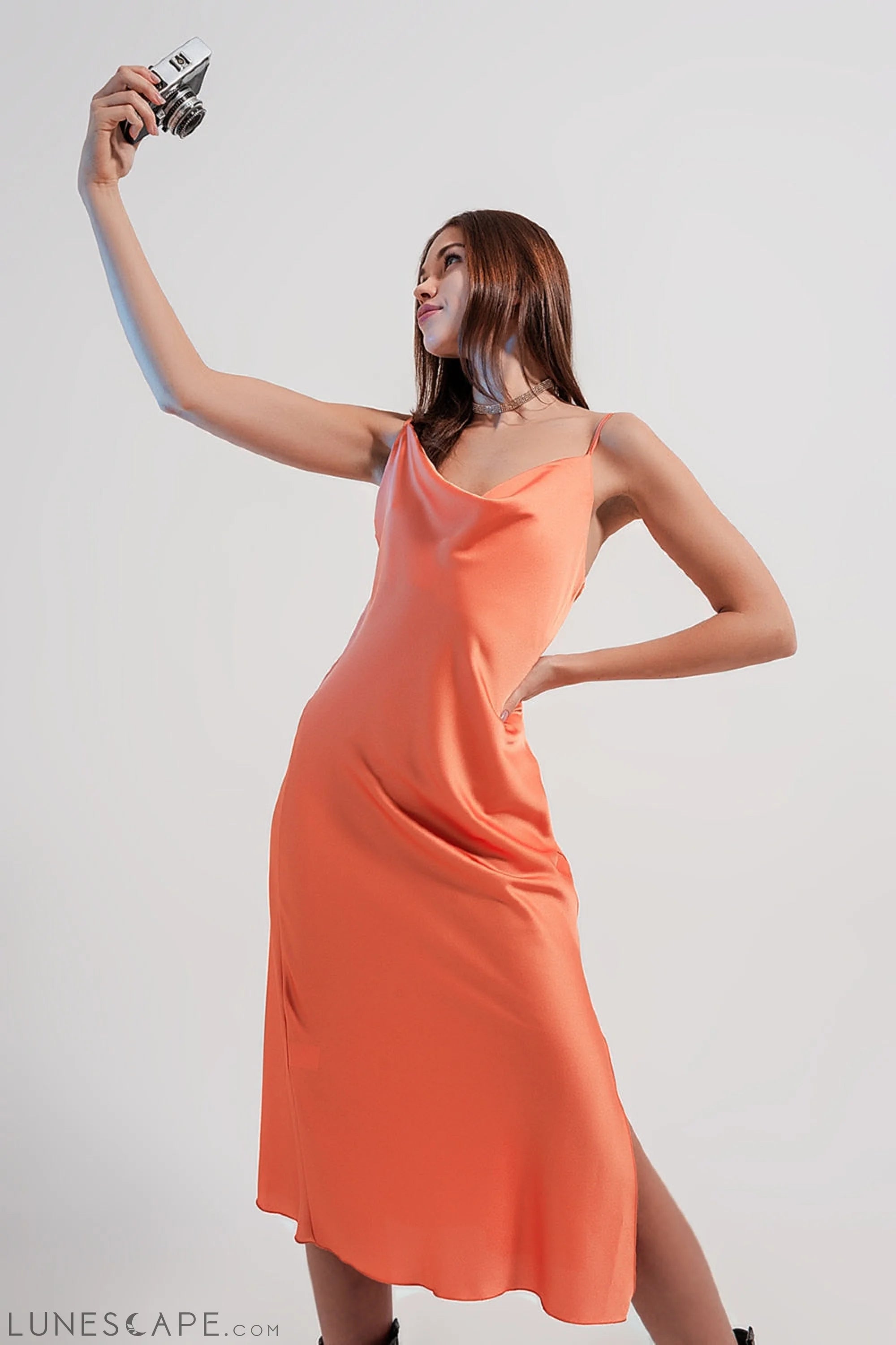Cami Midi Slip Dress in High Shine Satin in Orange LUNESCAPE