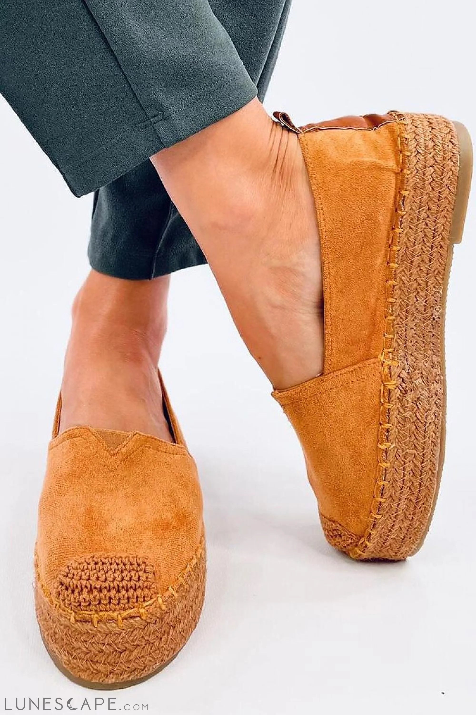 Caramel Eco-Suede Slip-on Flatform Espadrilles Braided Jute Platform & Cap Toe LUNESCAPE