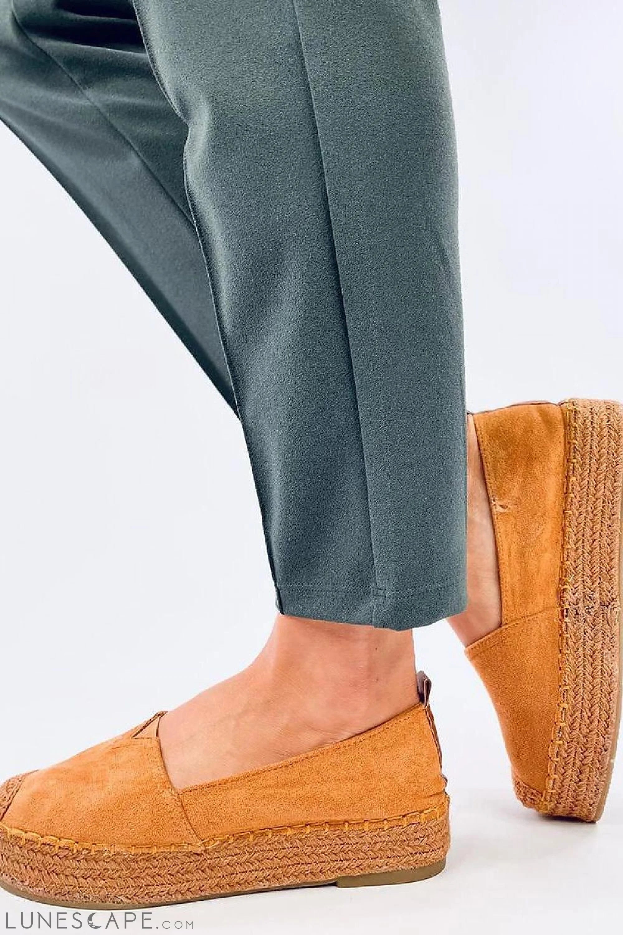 Caramel Eco-Suede Slip-on Flatform Espadrilles Braided Jute Platform & Cap Toe LUNESCAPE