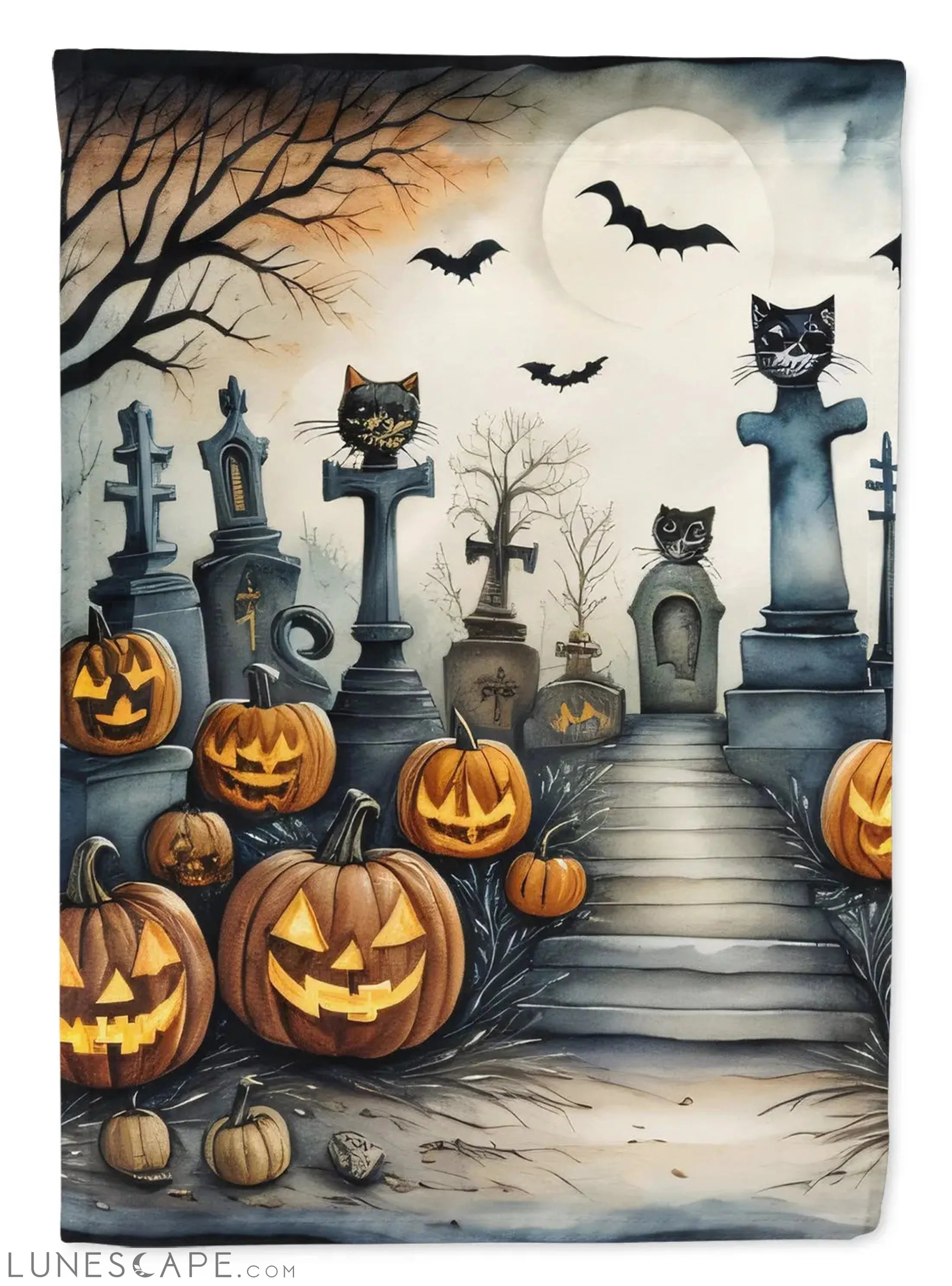 Cat Cemetery Spooky Halloween House Flag LUNESCAPE