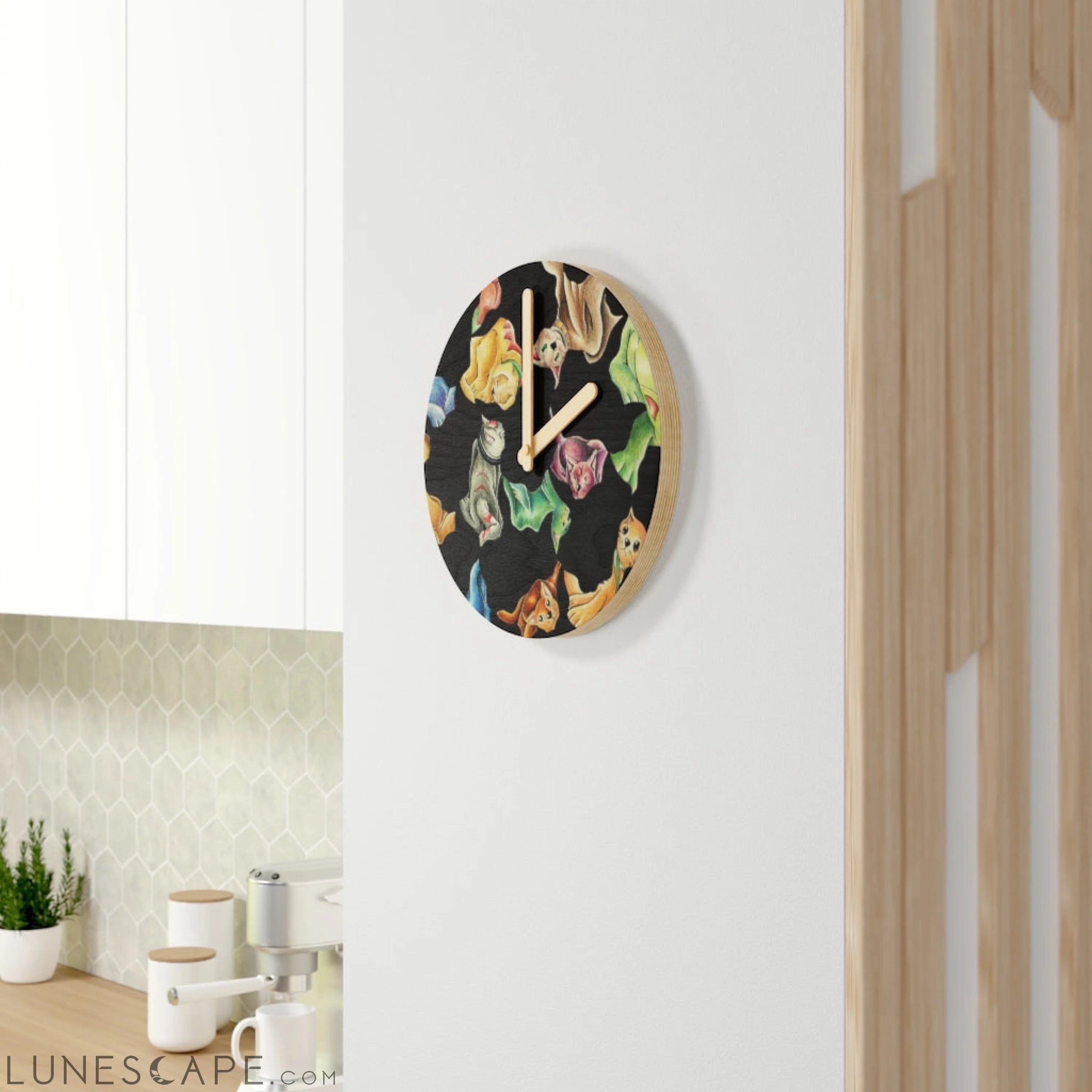 Cat Pattern Wooden Wall Clock LUNESCAPE