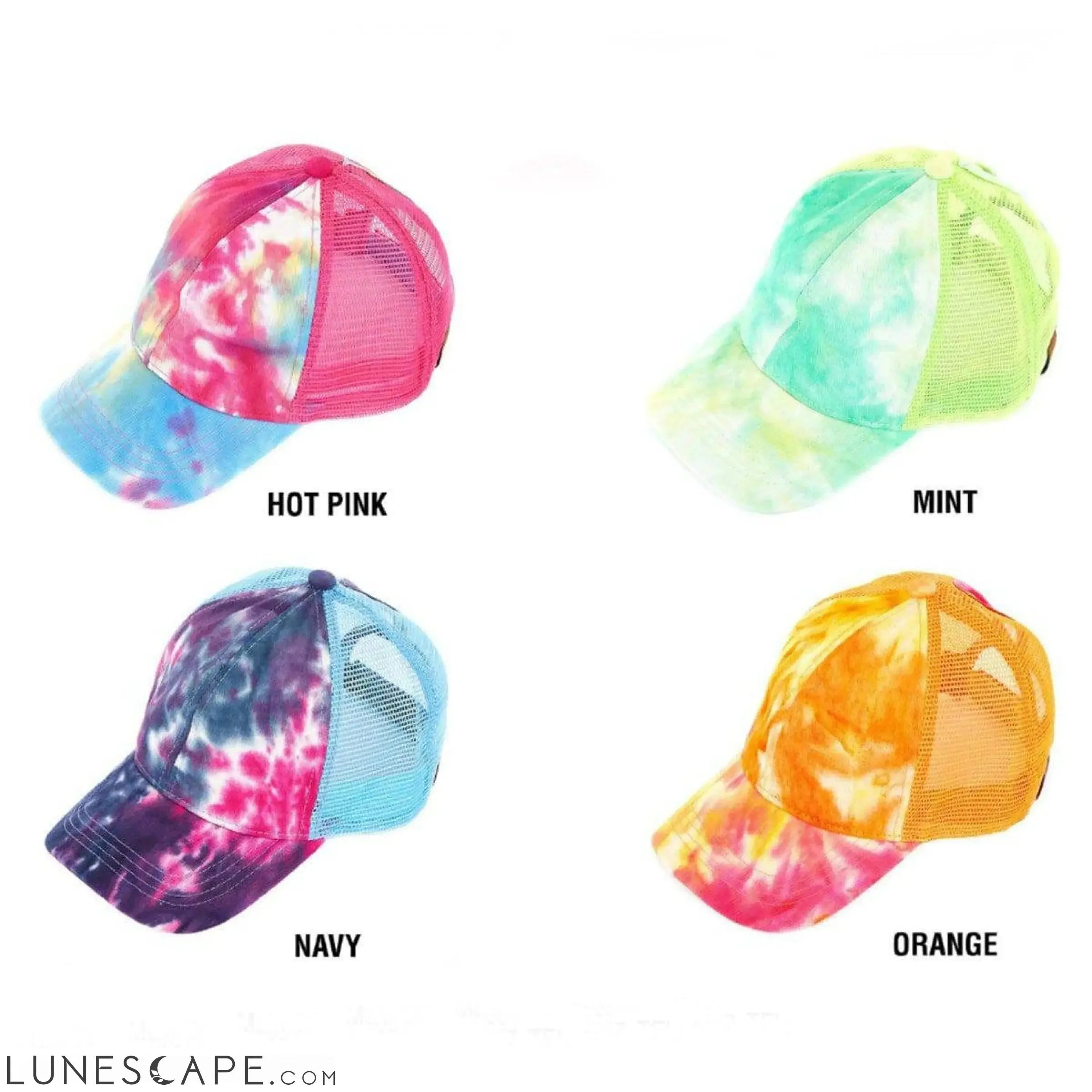 CC Tie-Dye Messy Bun Pony Cap Women, Teens and Kids Trucker Hats LUNESCAPE