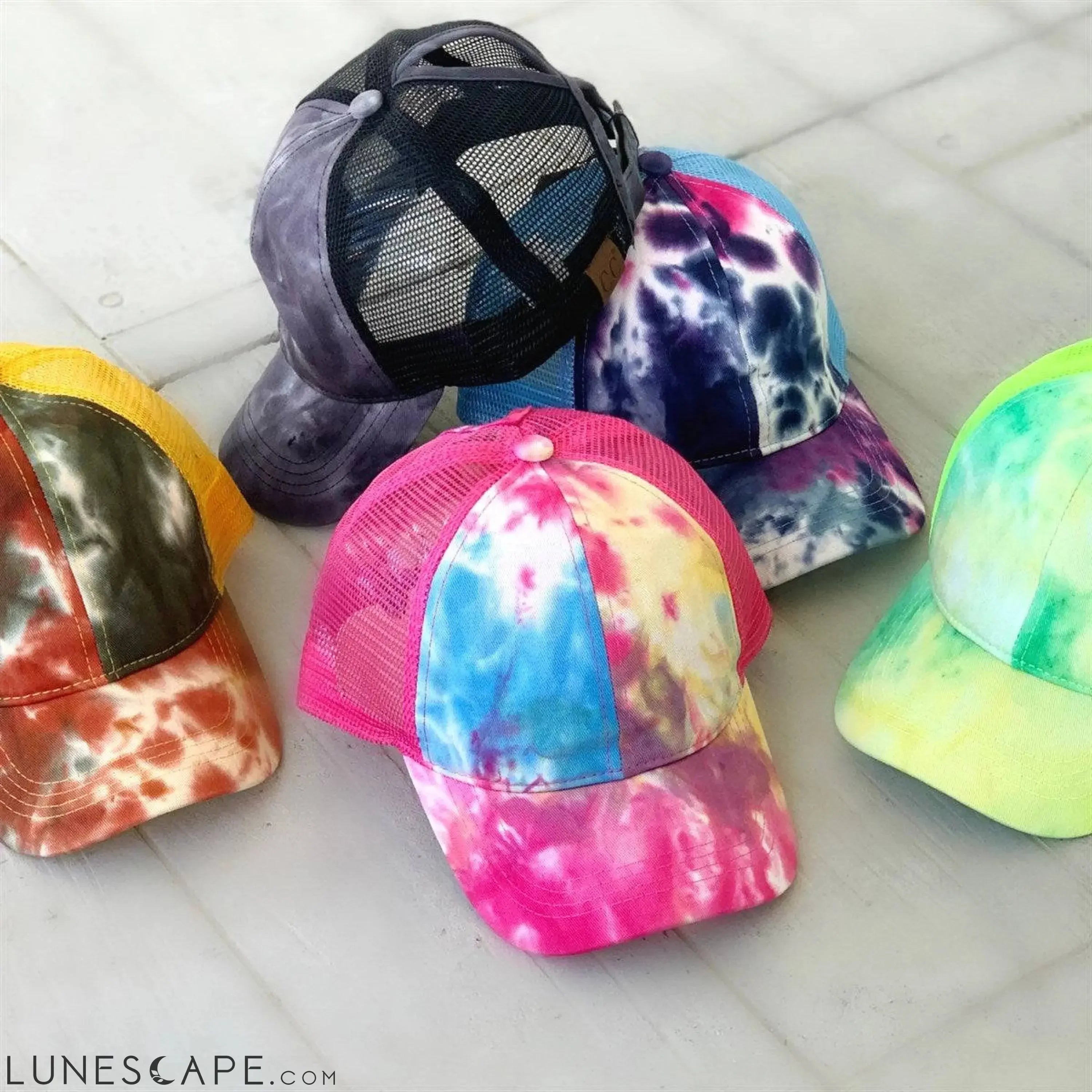 CC Tie-Dye Messy Bun Pony Cap Women, Teens and Kids Trucker Hats LUNESCAPE