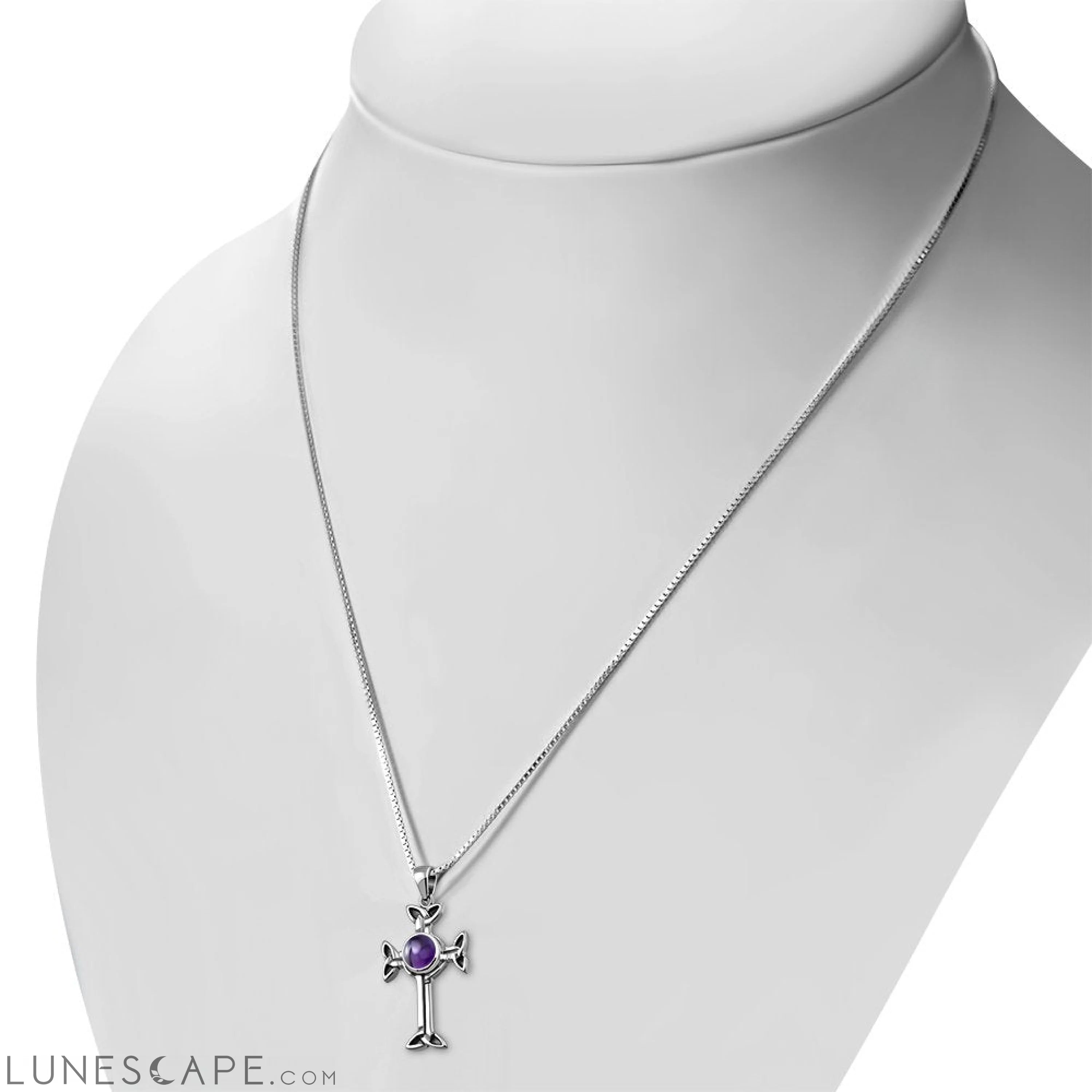 Celtic Trinity Knot Cross Silver Pendant Set W/ Amethyst Stone LUNESCAPE