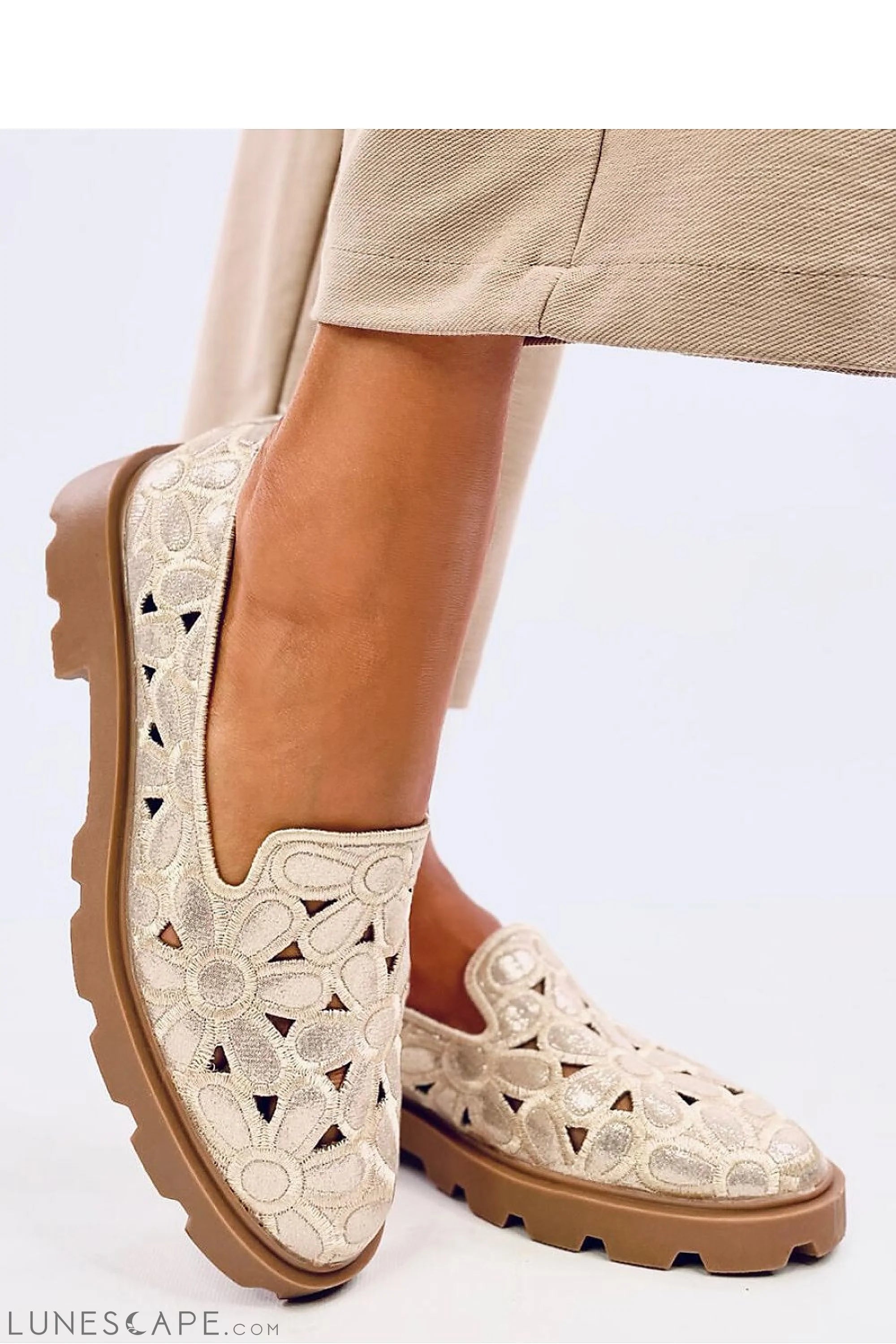 Champagne Slip-On Shoes for Women – Eyelet Floral Uppers with Gum Lug Sole LUNESCAPE