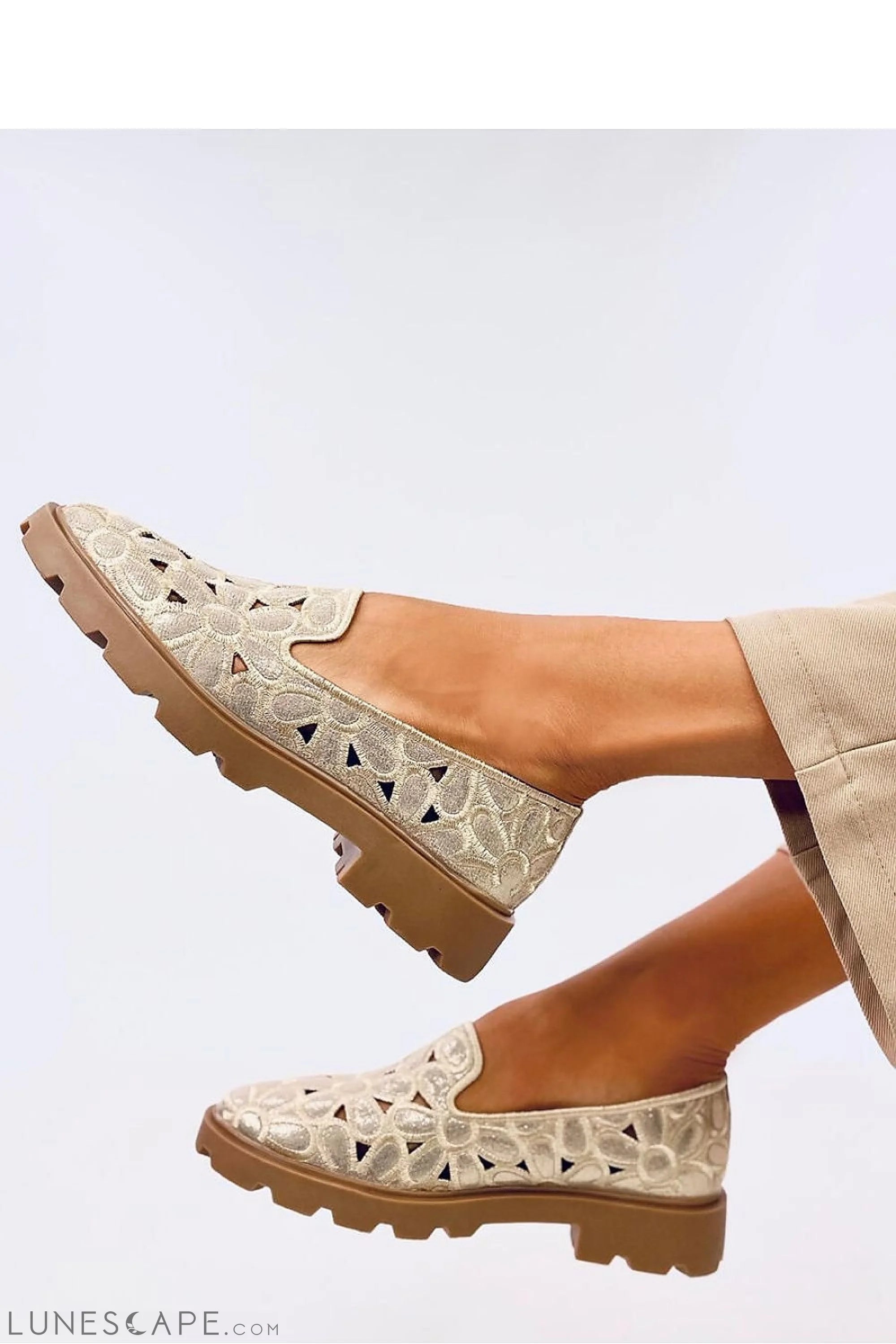 Champagne Slip-On Shoes for Women – Eyelet Floral Uppers with Gum Lug Sole LUNESCAPE