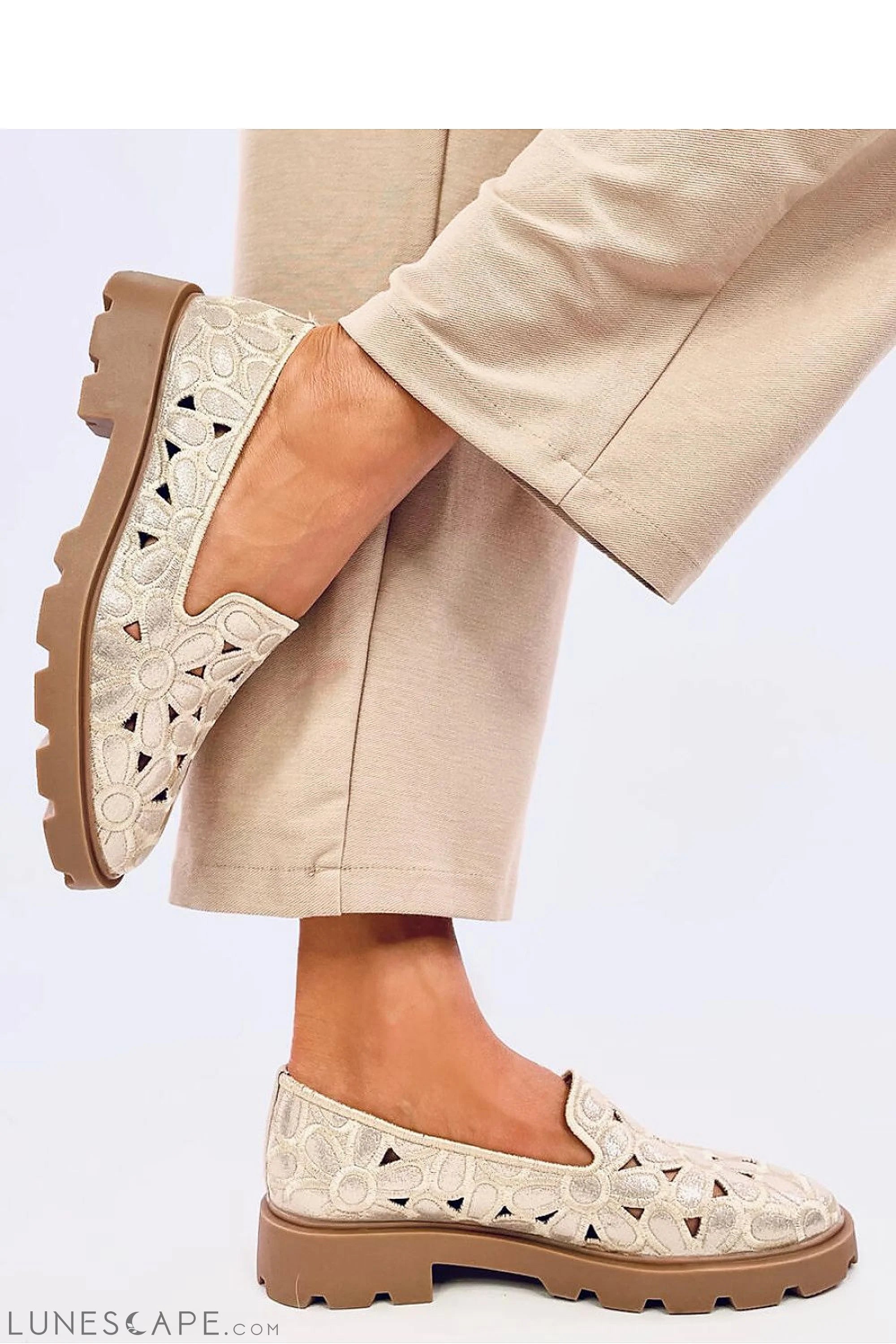 Champagne Slip-On Shoes for Women – Eyelet Floral Uppers with Gum Lug Sole LUNESCAPE
