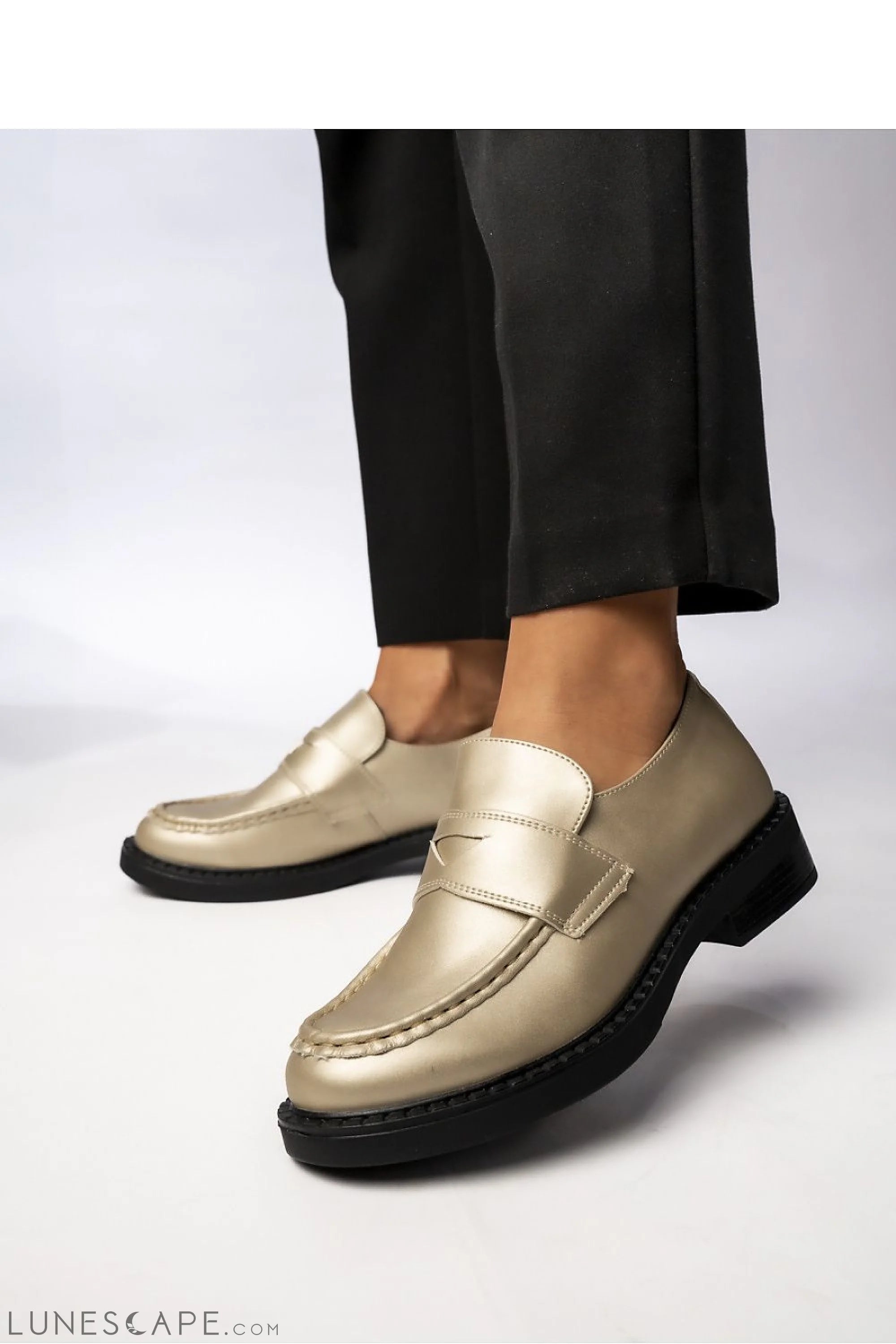 Champagne Vegan Leather Women's Penny Loafers – Almond Toe with Black Welt Sole LUNESCAPE