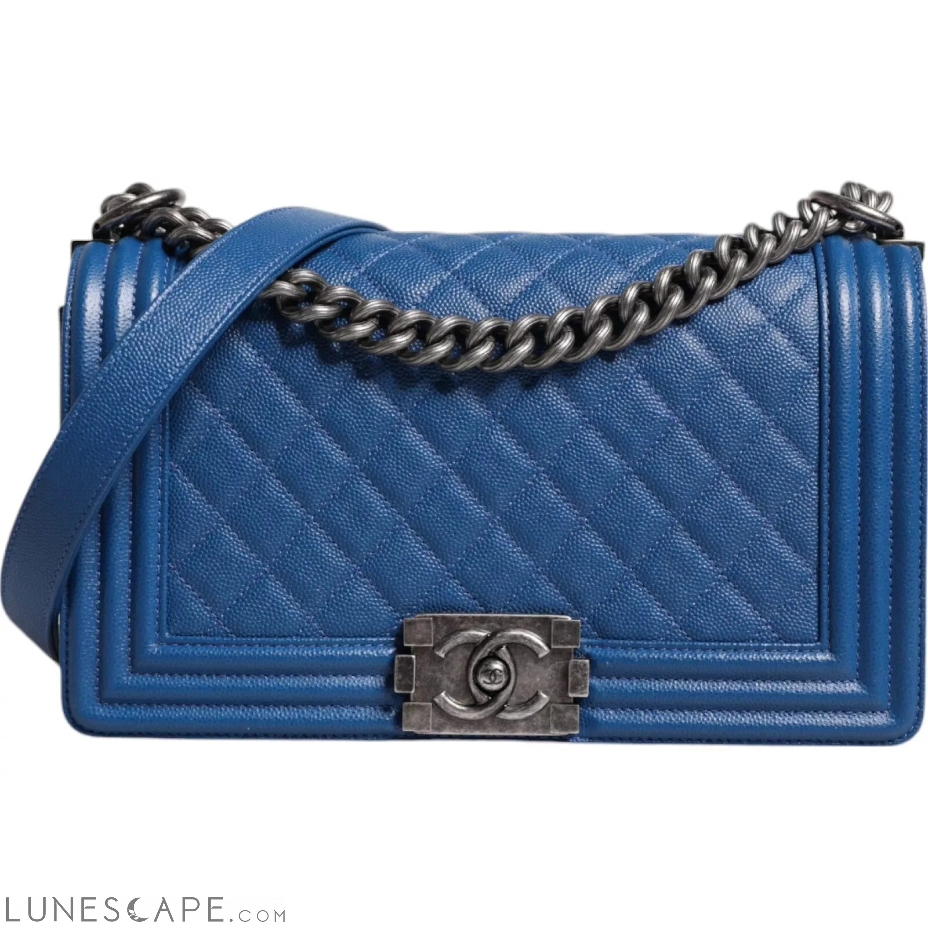 Chanel Blue Lambskin Double Chain Leather Medium Shoulder Bag LUNESCAPE