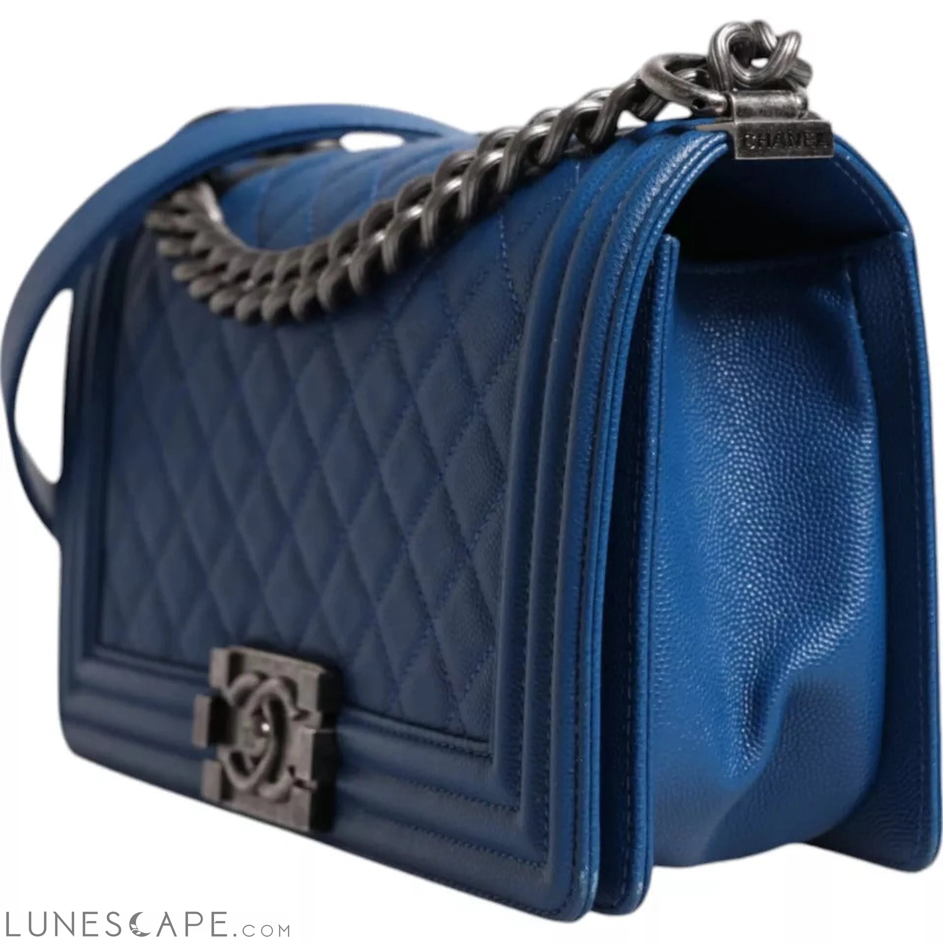 Chanel Blue Lambskin Double Chain Leather Medium Shoulder Bag LUNESCAPE