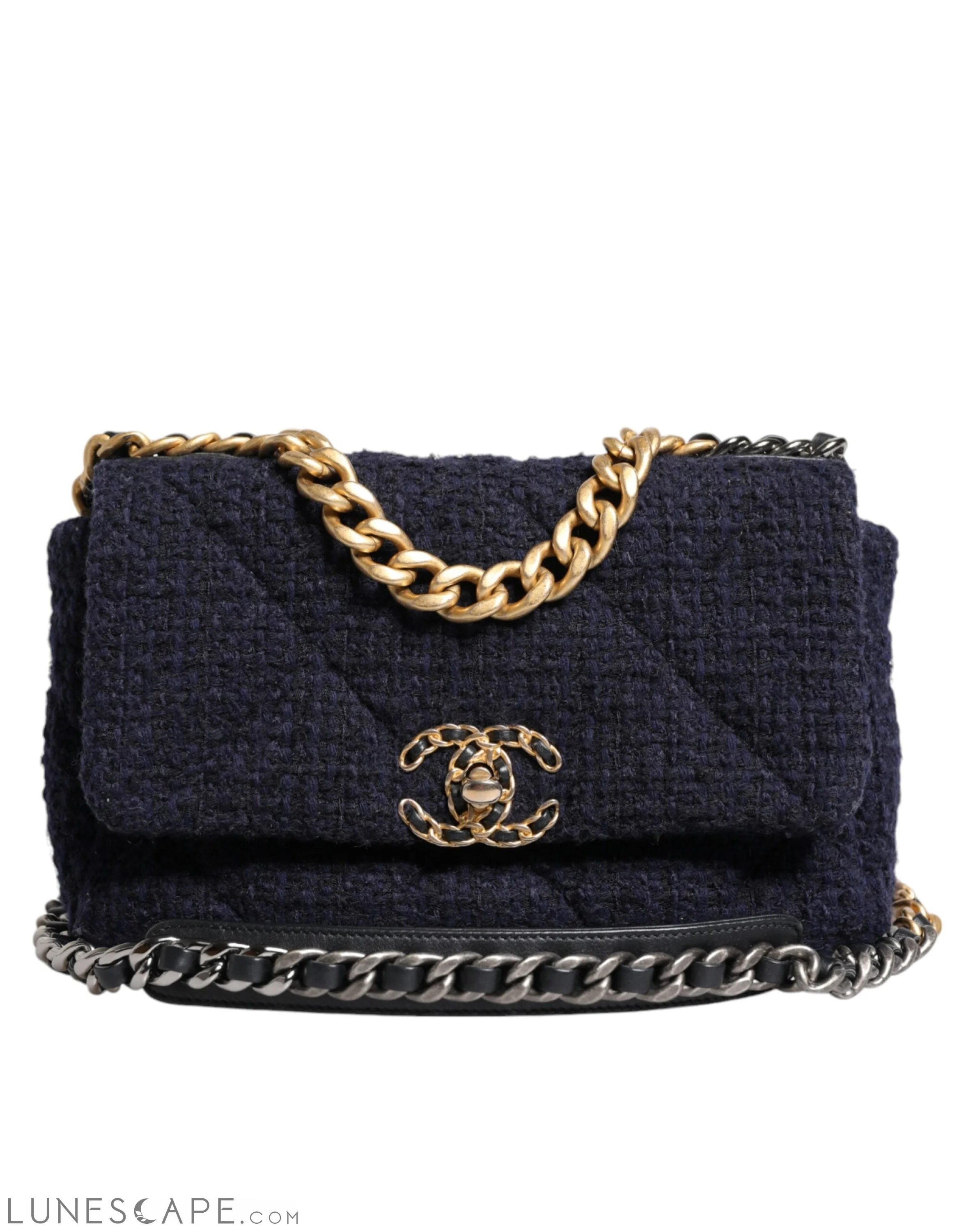Chanel Dark Blue Medium Flap Tweed CC Gold Gray Chain Shoulder Bag LUNESCAPE