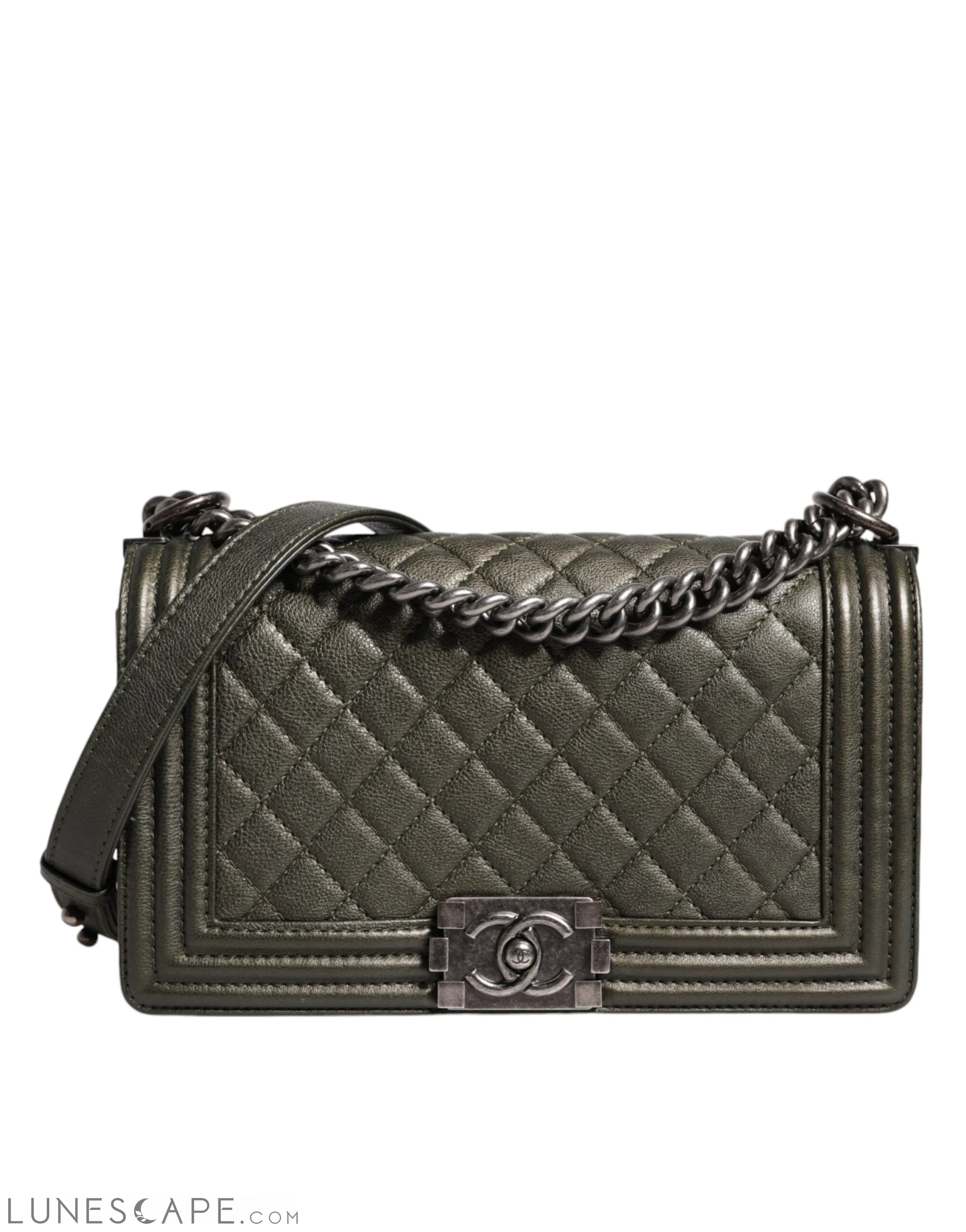Chanel Dark Green Leather Shoulder Bag Gray Metal Purse Bag LUNESCAPE