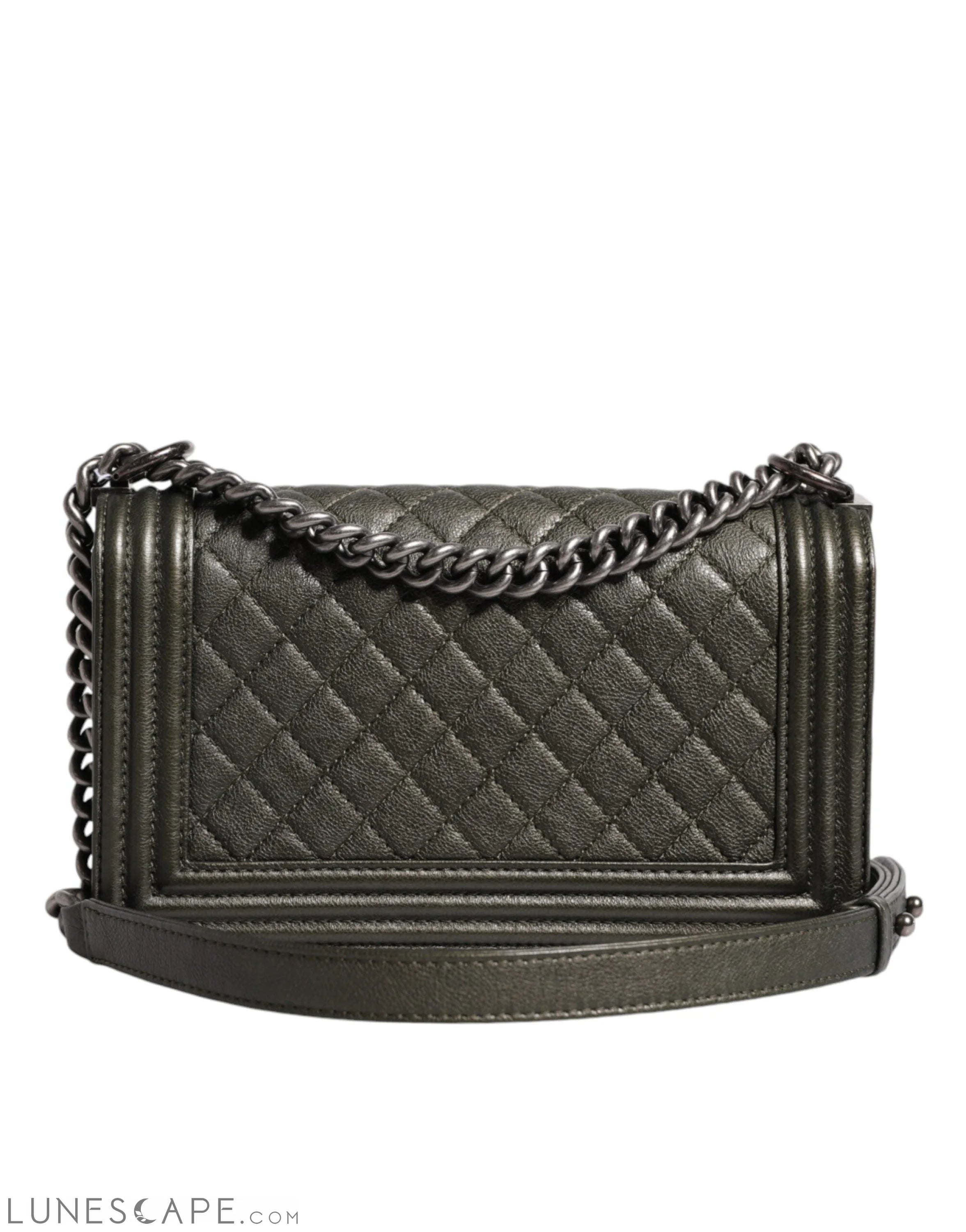 Chanel Dark Green Leather Shoulder Bag Gray Metal Purse Bag LUNESCAPE
