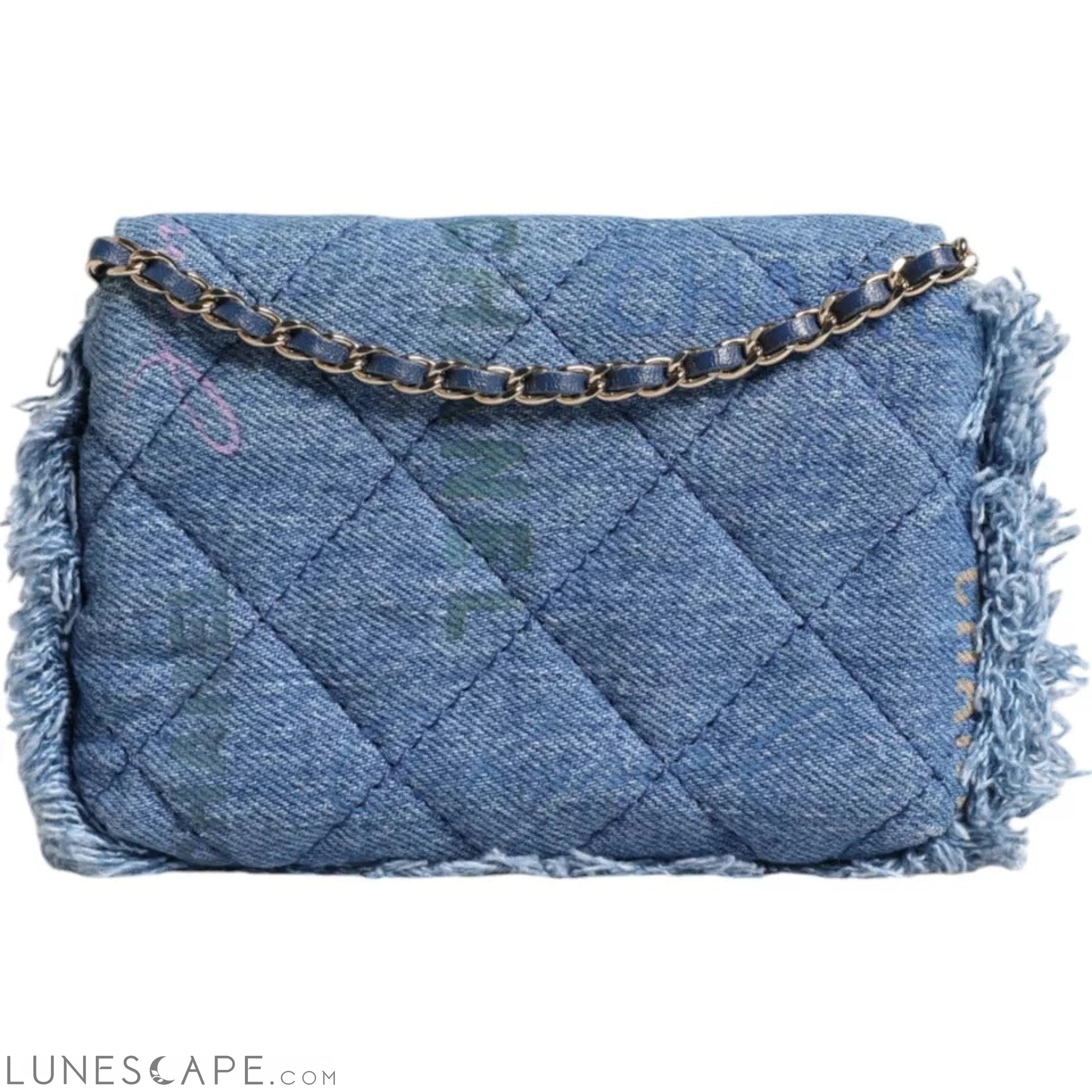 Chanel Denim Mood Flap Micro Logo Printed Fringed Shoulder Bag LUNESCAPE