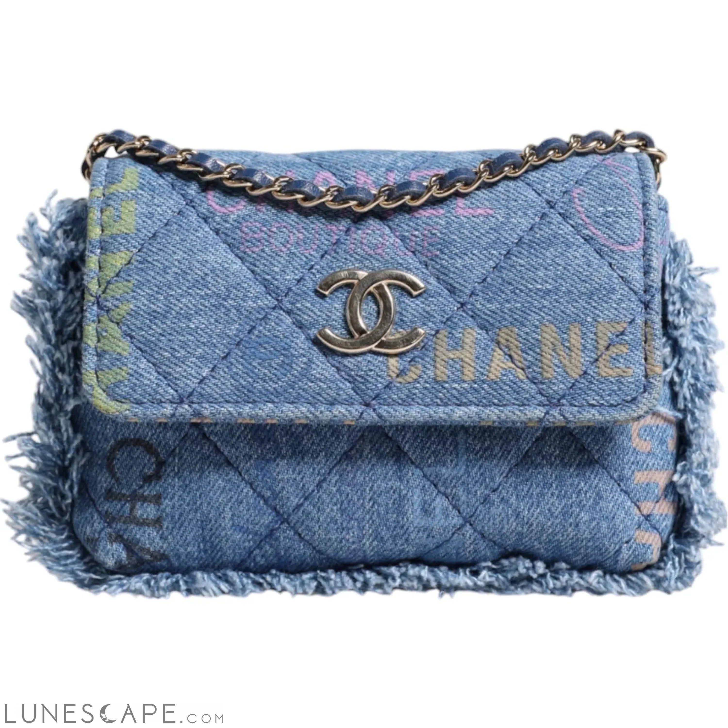 Chanel Denim Mood Flap Micro Logo Printed Fringed Shoulder Bag LUNESCAPE