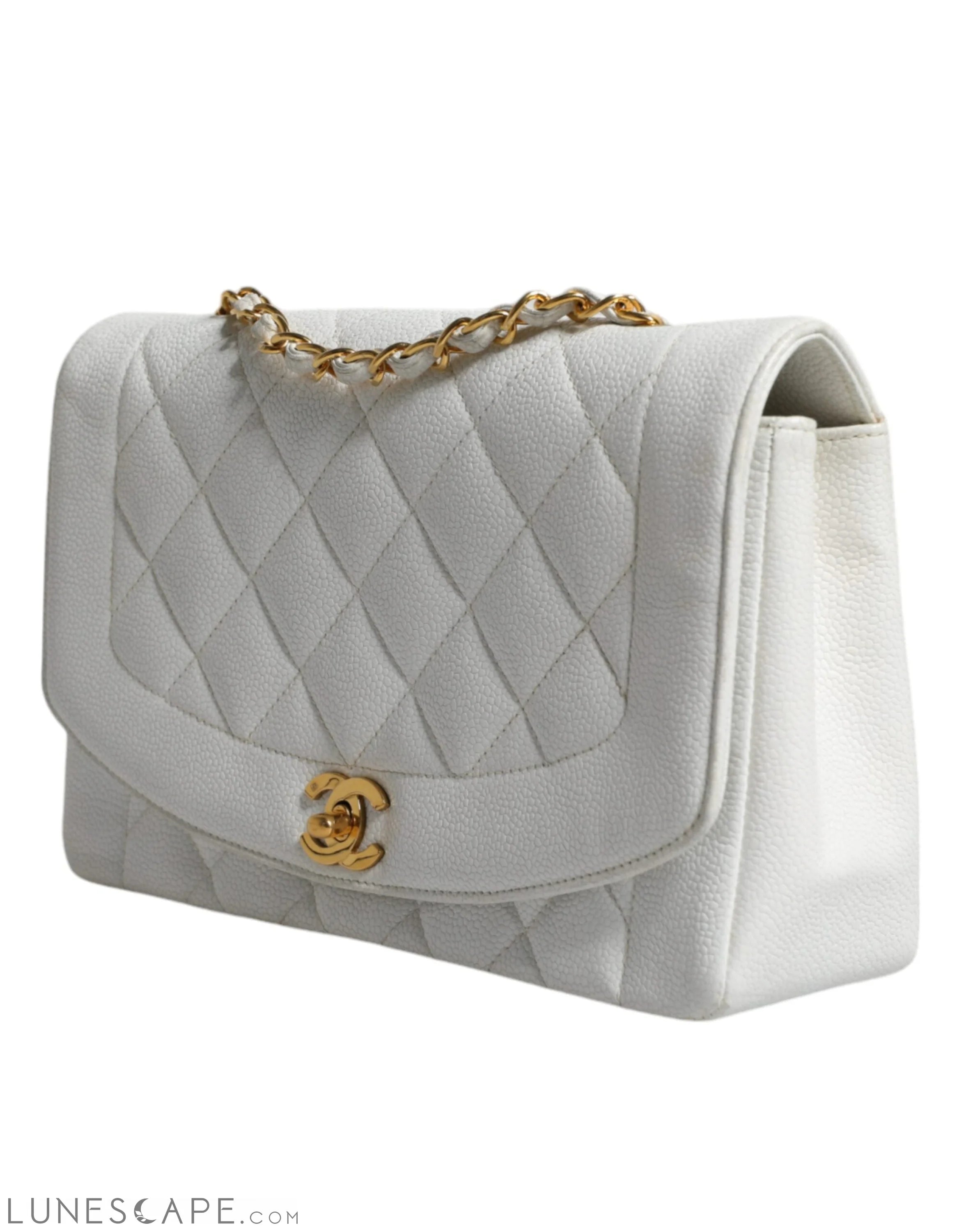 Chanel White Medium Classic DIANA Shoulder Bag Gold Plated Purse LUNESCAPE