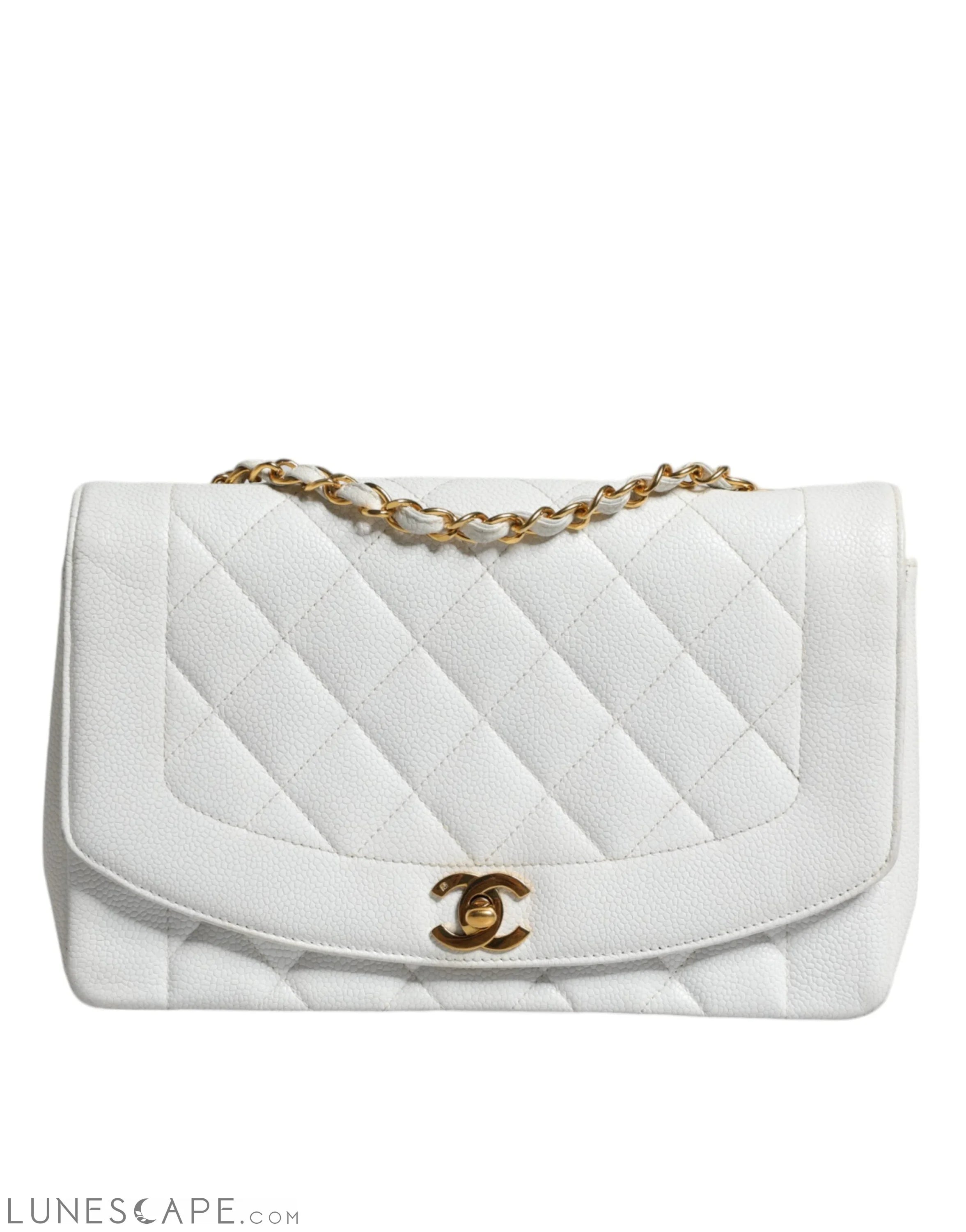 Chanel White Medium Classic DIANA Shoulder Bag Gold Plated Purse LUNESCAPE