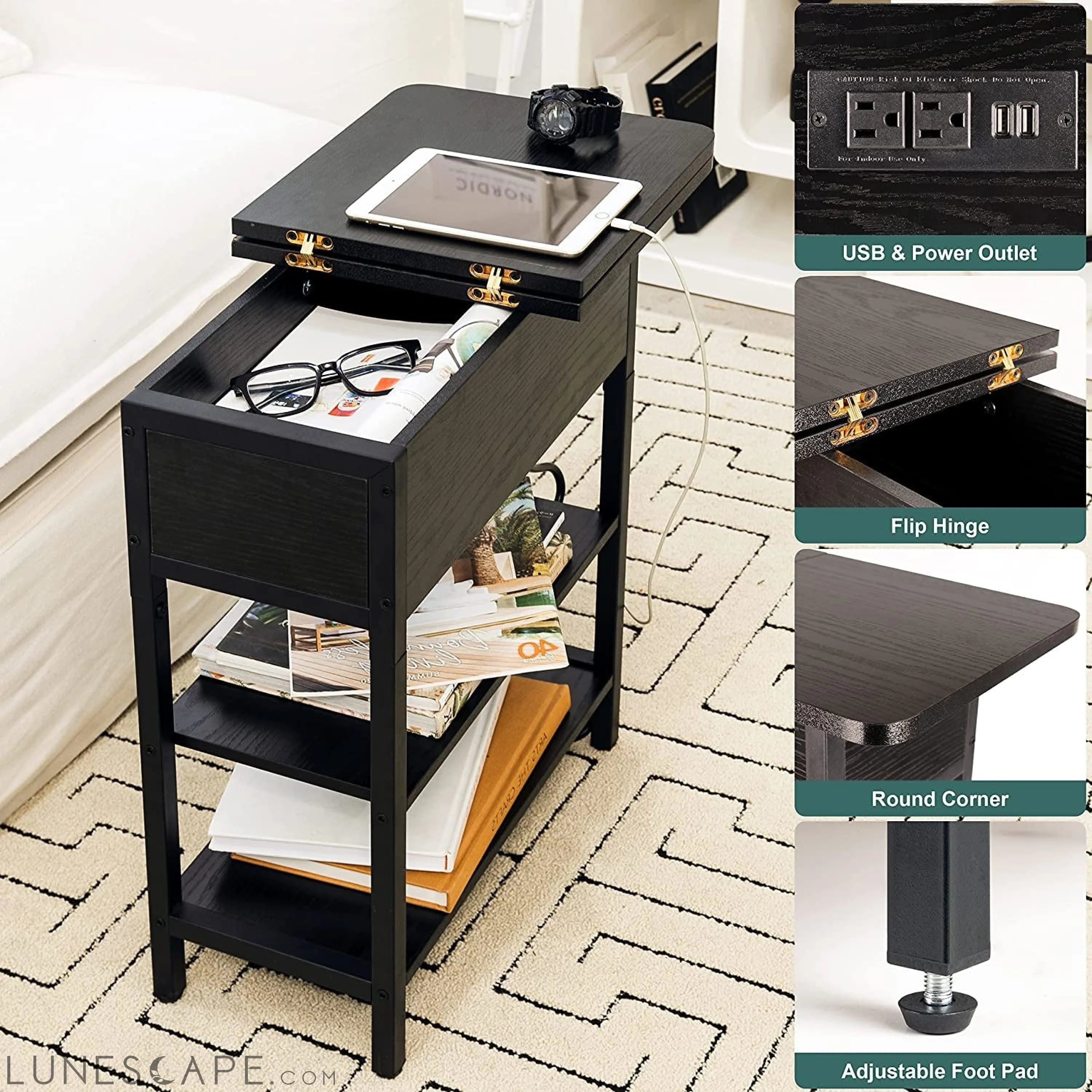 Charging End Table with USB Ports and Outlets, Narrow Nightstand LUNESCAPE