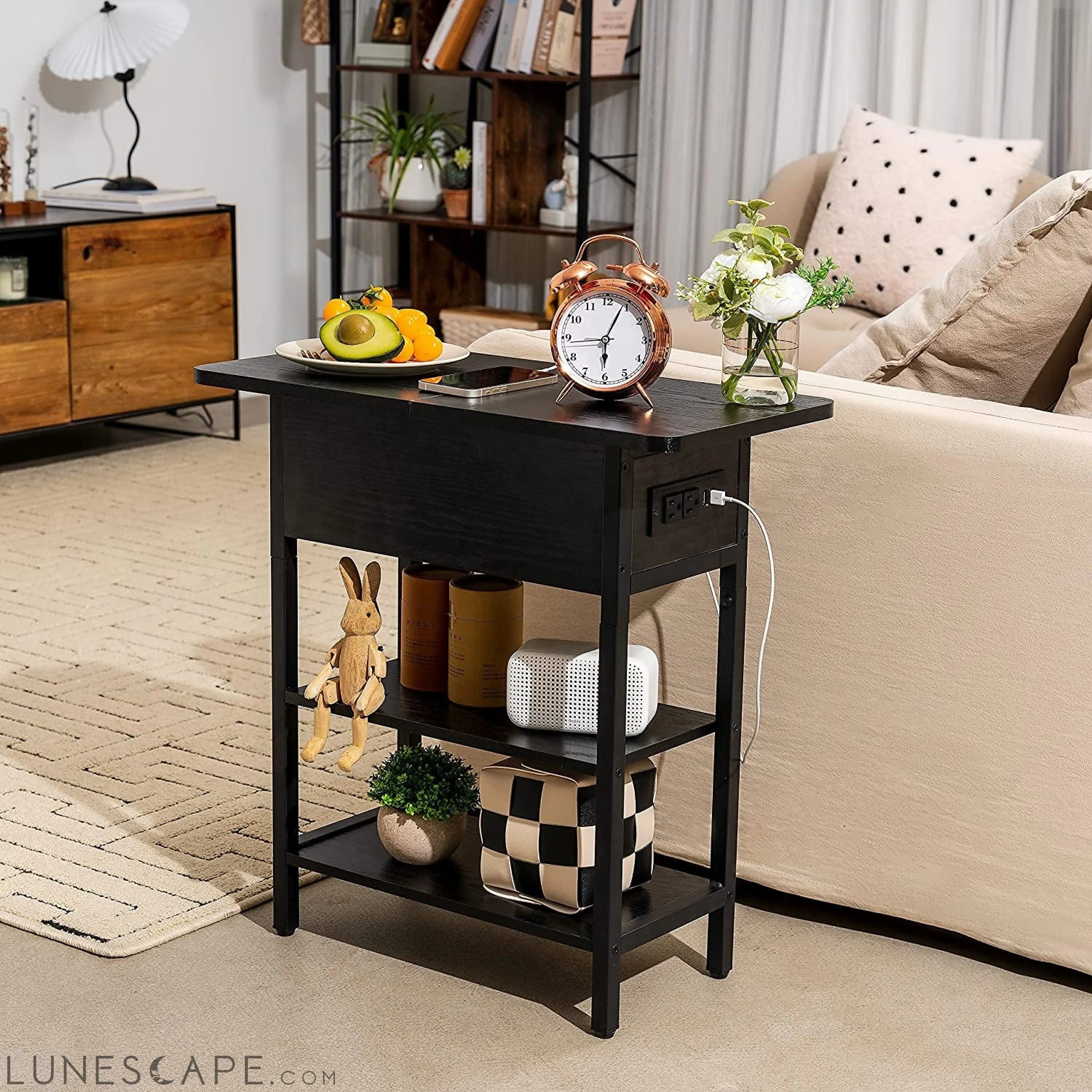 Charging End Table with USB Ports and Outlets, Narrow Nightstand LUNESCAPE