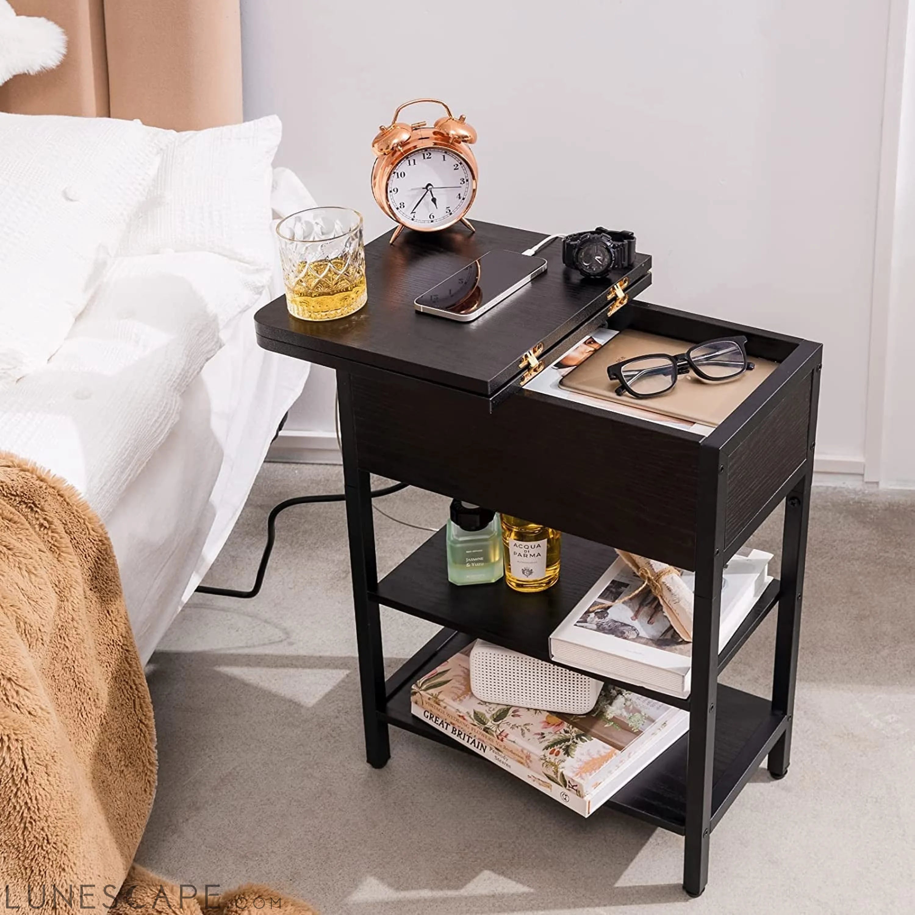 Charging End Table with USB Ports and Outlets, Narrow Nightstand LUNESCAPE