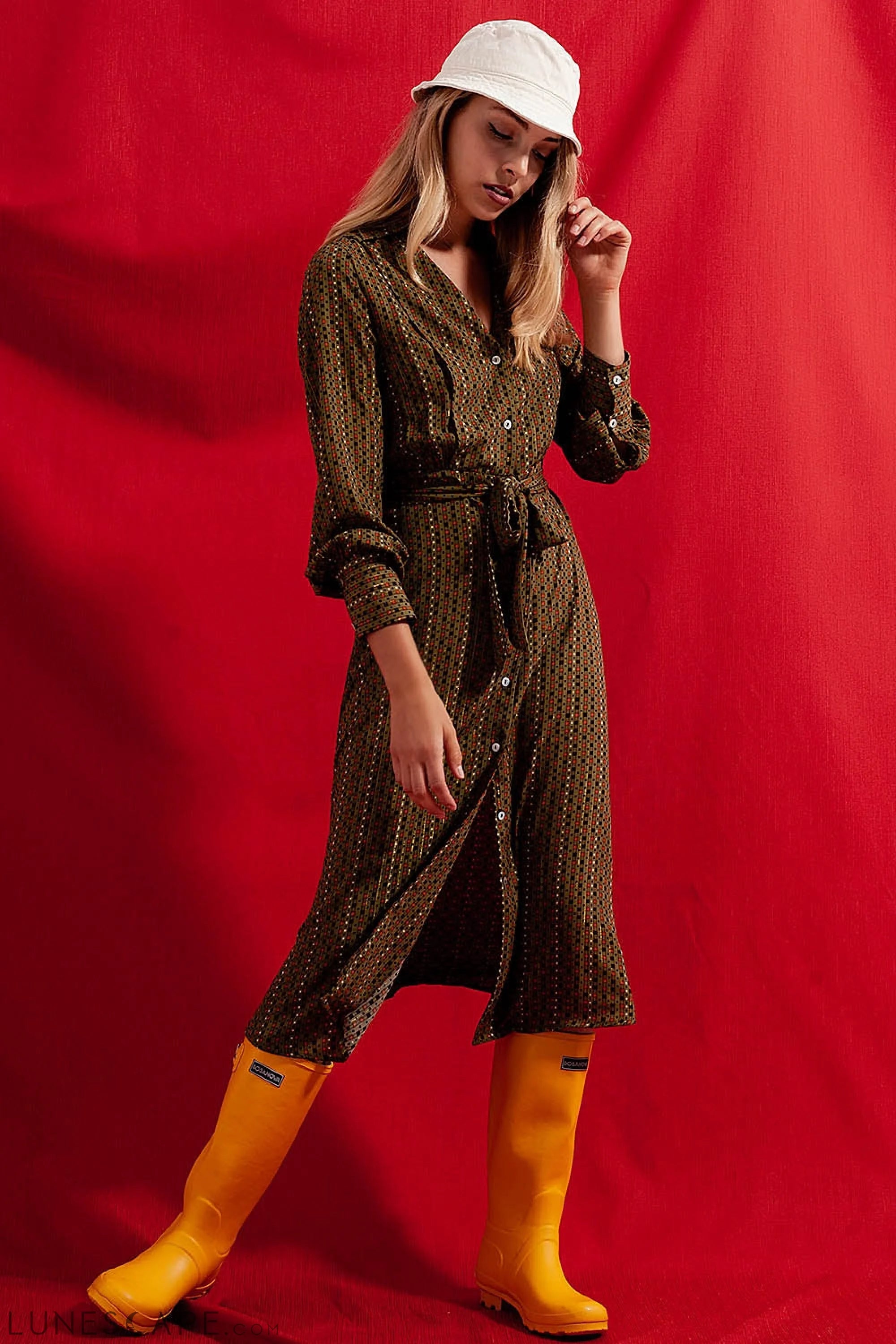 Check Print Shirt Long Midi Dress LUNESCAPE