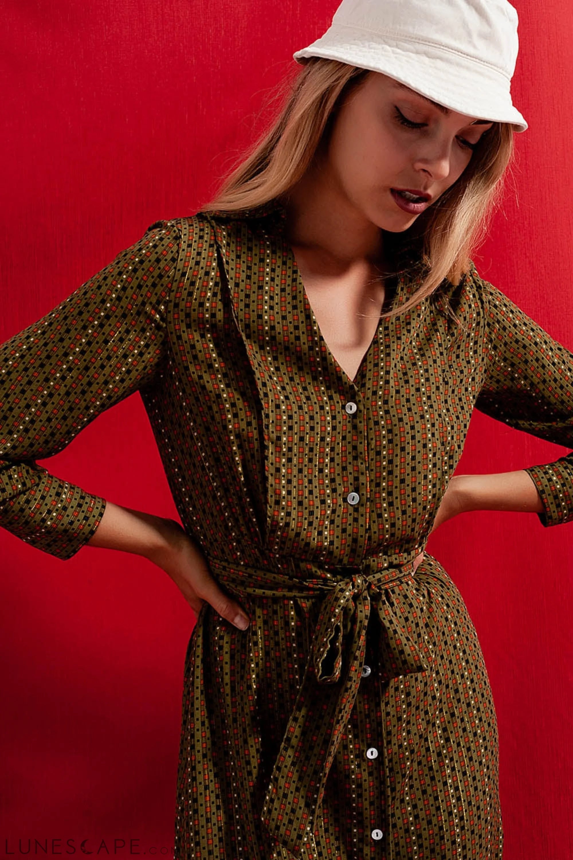 Check Print Shirt Long Midi Dress LUNESCAPE
