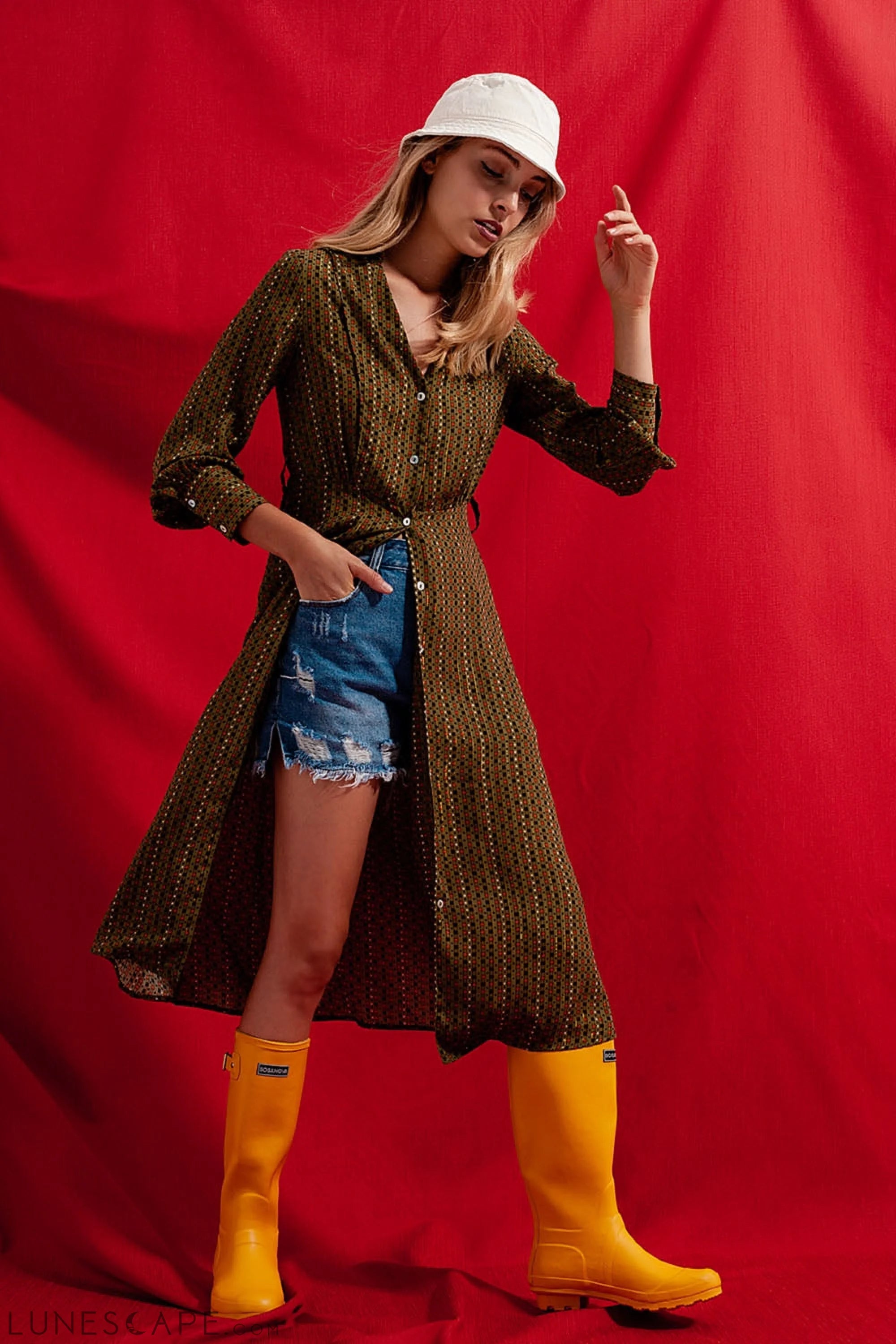 Check Print Shirt Long Midi Dress LUNESCAPE