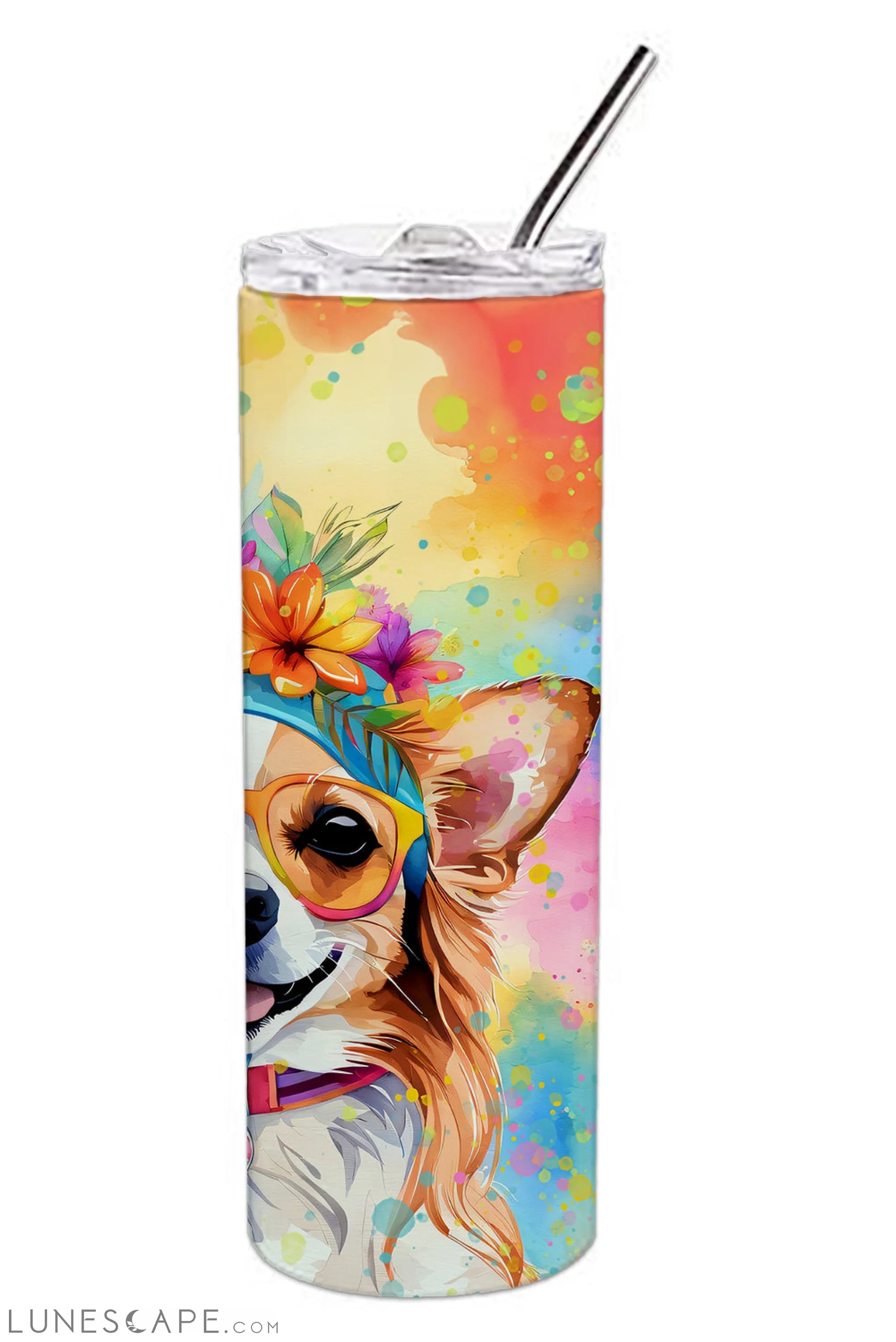 Chihuahua Hippie Dawg Stainless Steel Skinny Tumbler Travel Mug LUNESCAPE