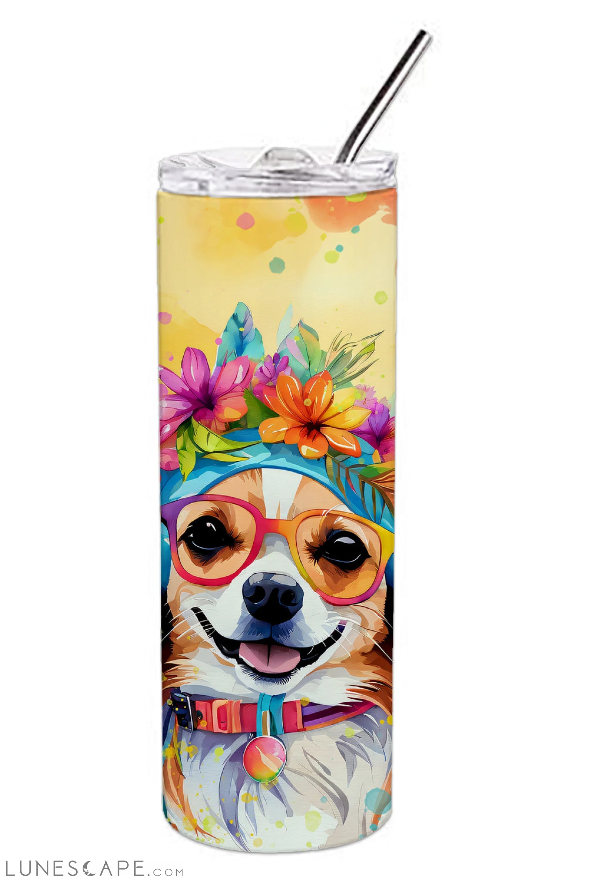 Chihuahua Hippie Dawg Stainless Steel Skinny Tumbler Travel Mug LUNESCAPE
